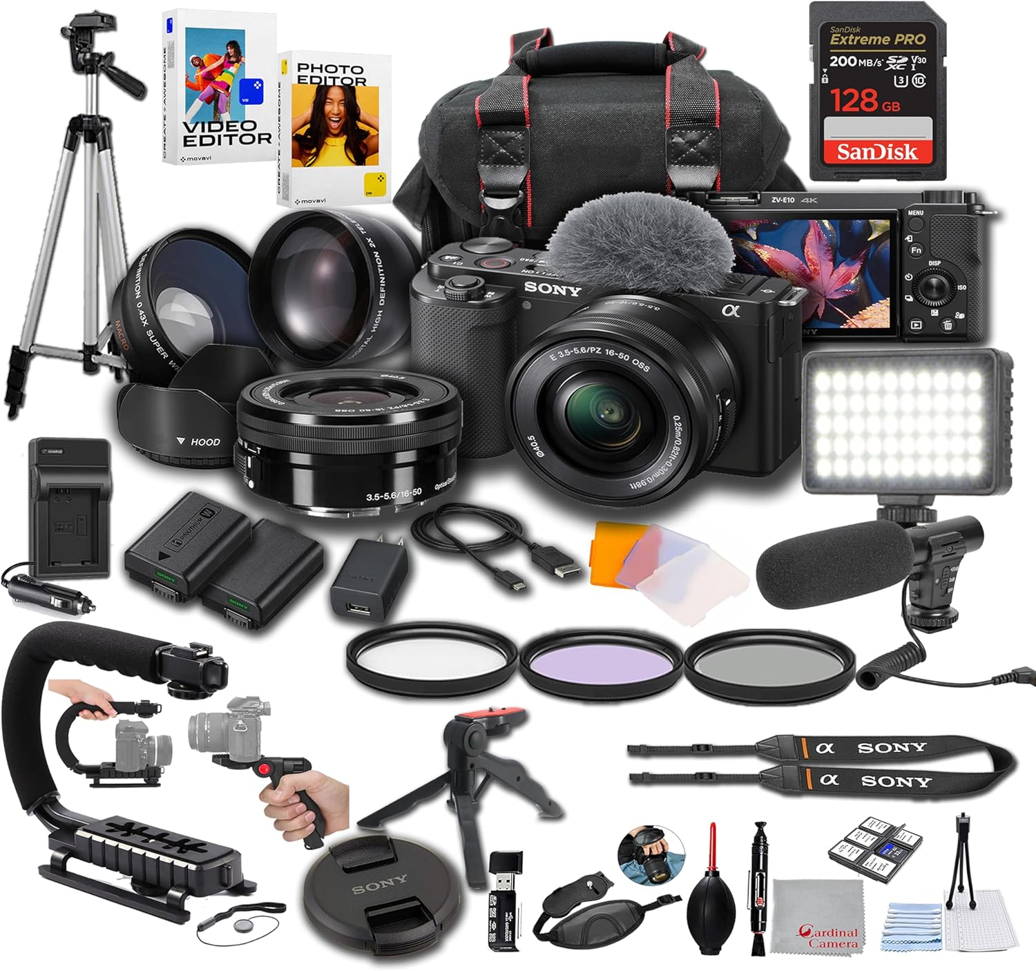 Sony ZV-E10 + 16-50mm Lens, LED Light, Microphone, 128GB Extrem Speed, U-Grip, Filters, Tripod, Case, Software, & More – Pro Video Bundle (38pc)