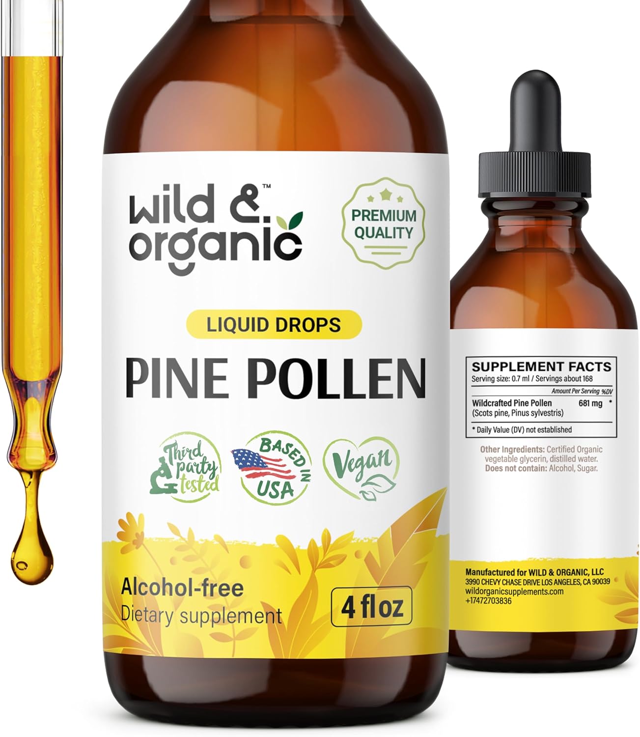 Wild & Organic Pine Pollen Tincture – Pine Pollen Powder Liquid Drops for Men & Women – Vegan, Alcohol Free Pine Pollen Supplement – 4 fl oz