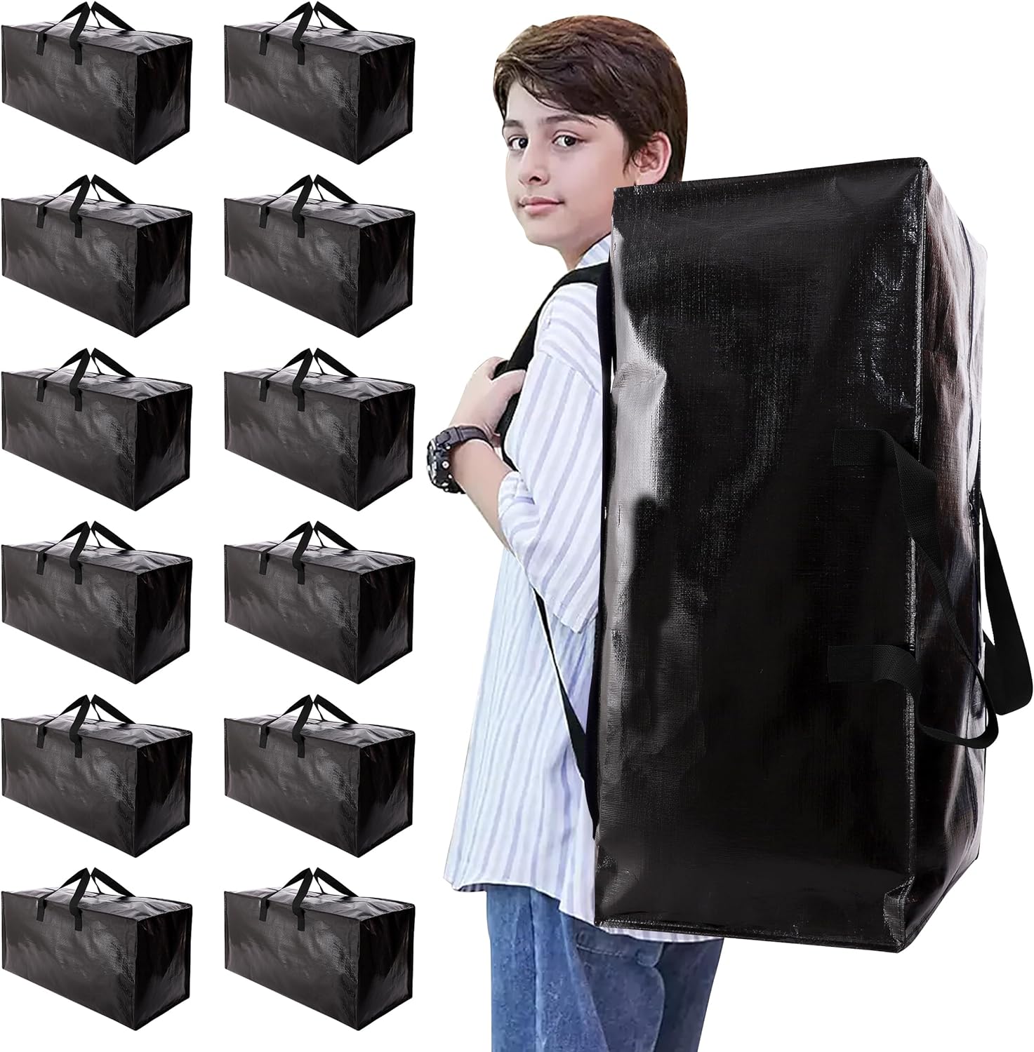 Heavy Duty Moving Bags with Backpack Straps and Strong Handles, Alternative to Moving Boxes and Storage Totes for Dorm Room Essentials, 12 Pack, Black