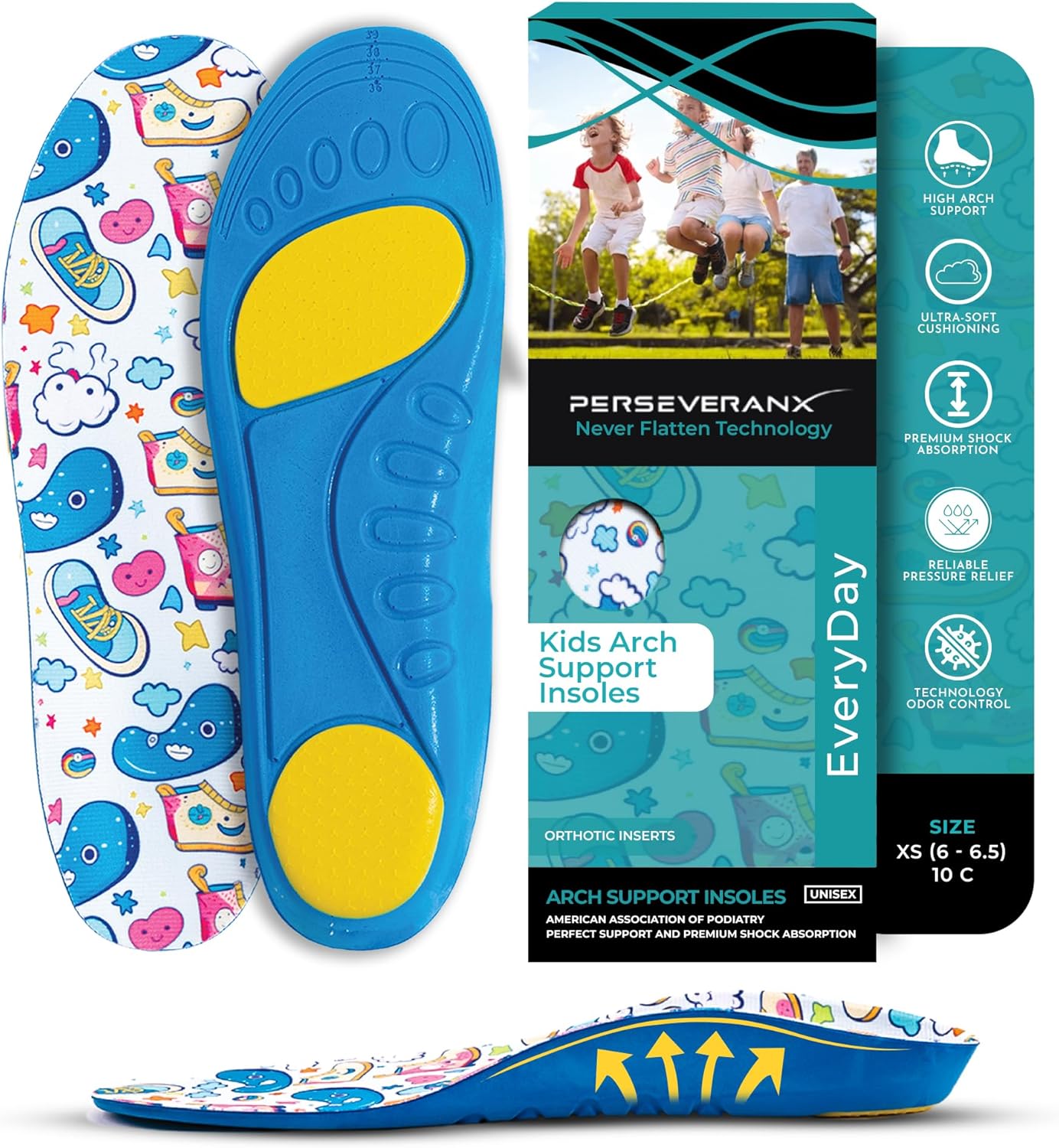 Kids Soft Cushioning Arch Support Insoles for Roomy Shoes – Slightly Thick Inserts for Flat Feet, Plantar Fasciitis, Heel Pain Relief, and Better Posture