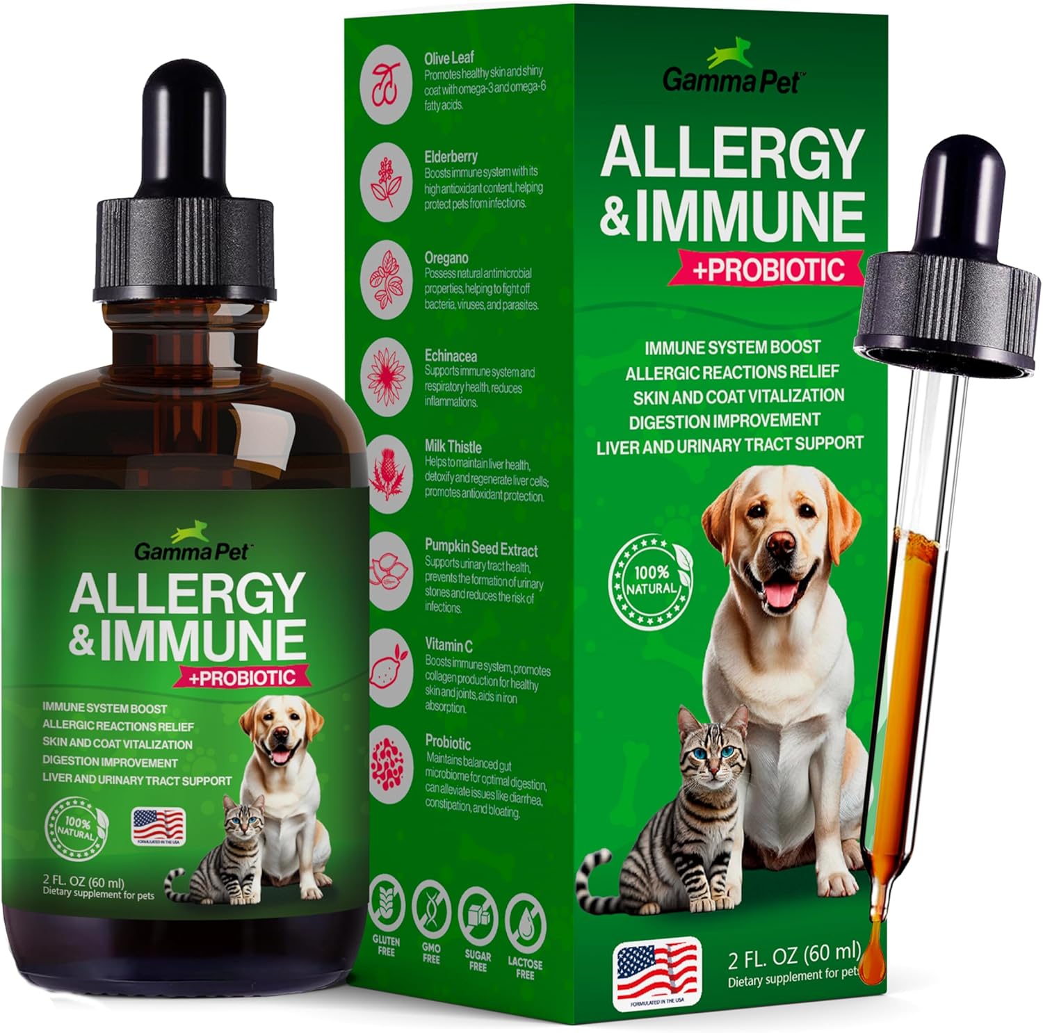 Allergy and Immune (with Probiotic) – Drops for Dogs Cats – Supports Digestion, Skin, Coat, Itch, Liver, Urinary Tract – Vitamin C, Elderberry, Echinacea – Formulated in USA (2 fl.oz)