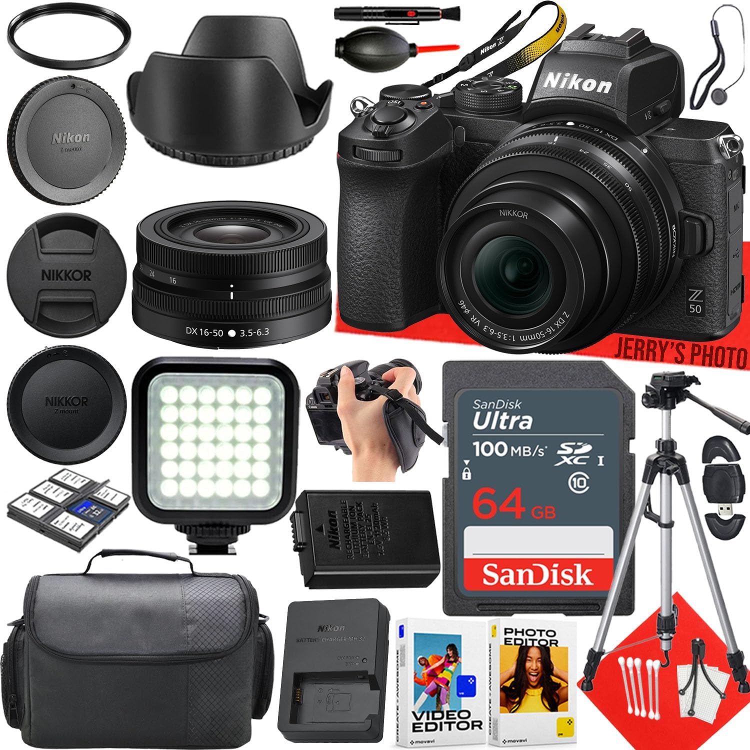 Nikon Z50 Mirrorless Camera with Nikon NIKKOR Z DX 16-50mm f/3.5-6.3 VR Lens + 64 GB Memory + LED Light + Camera Case + Tripod + More (25pc Bundle) (Renewed)