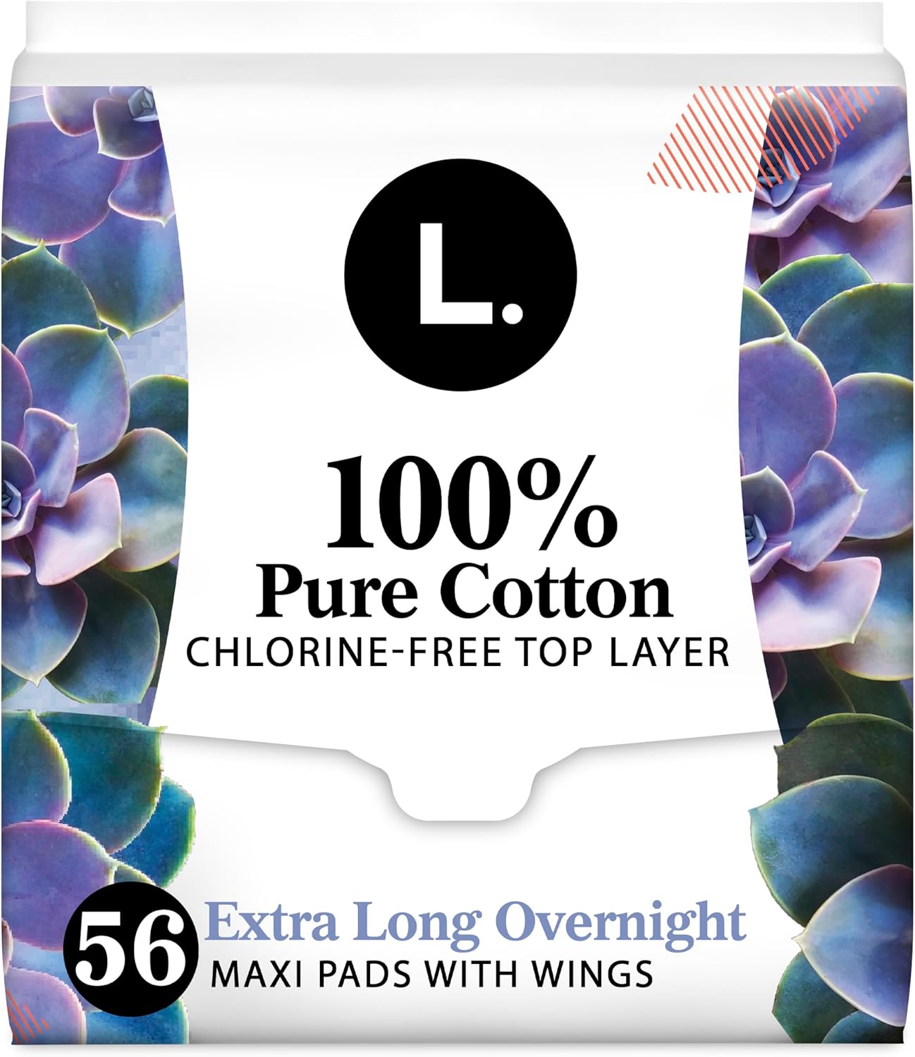 L. Pure Cotton Topsheet Pads for Women, Extra Long Overnight Pads, Maxi Pads with Wings, Unscented Menstrual Pads, 28 Count x 2 Packs (56 Count Total) (Packaging May Vary)