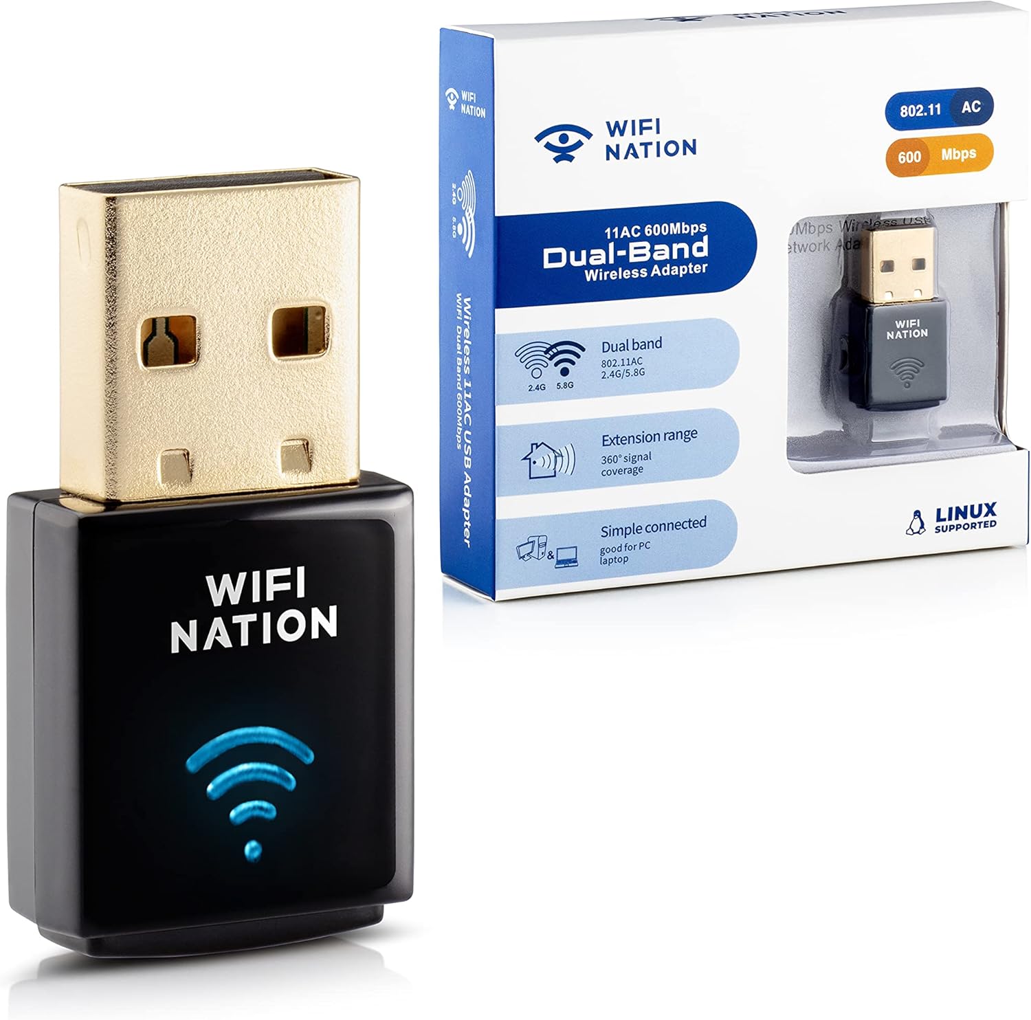 WiFi Nation® WiFI Dongle Mini 802.11ac AC600 USB Wifi adapter, chipset: Realtek RTL8811AU, Dual Band 2.4GHz or 5GHz, Windows, MacOS and Linux supported, product model: WN-H2