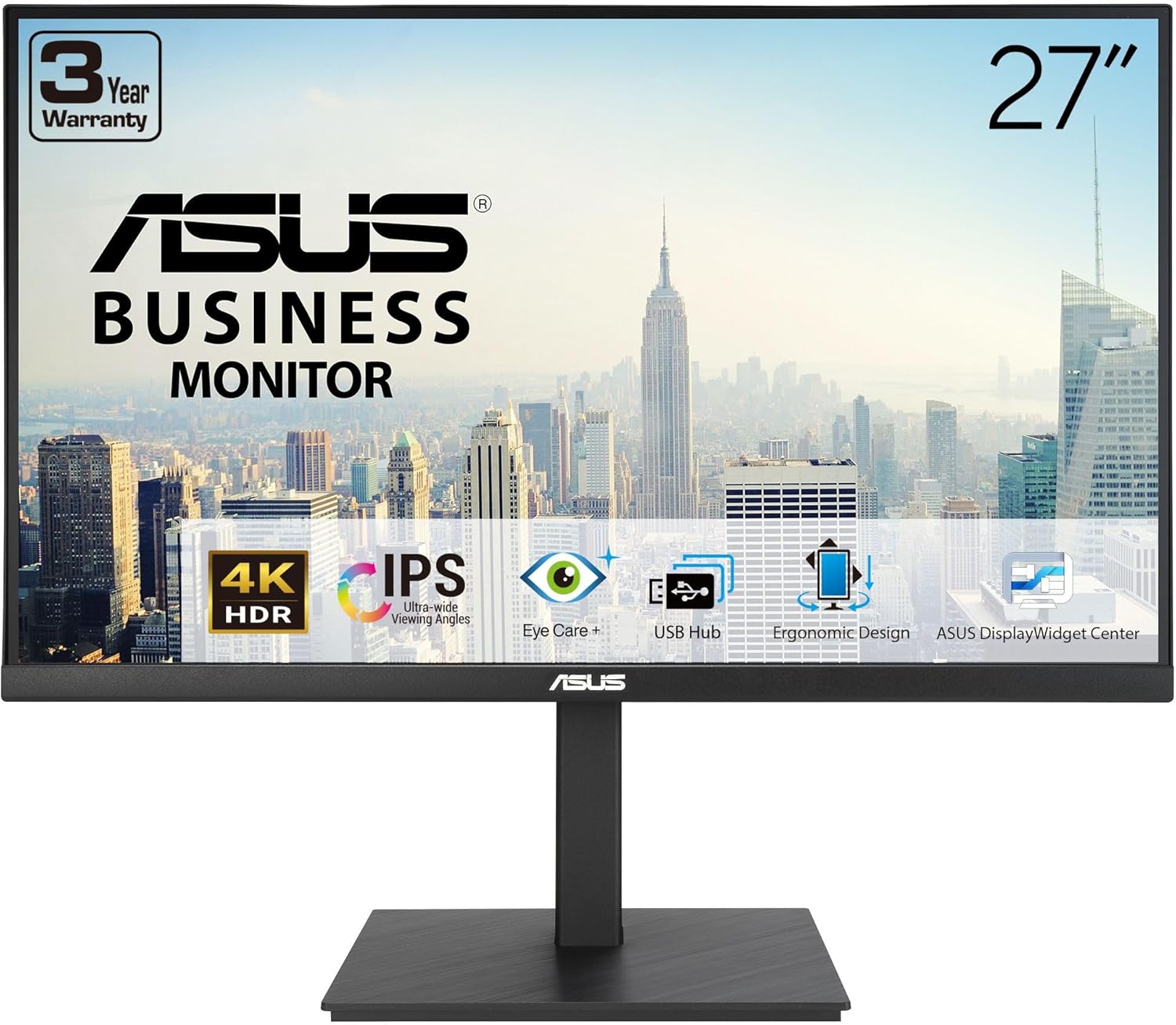 ASUS 27” 4K Business Monitor (VA27UQSB) – UHD (3840 x 2160), IPS, Frameless, HDR10, DisplayPort, Dual HDMI, Speakers, Eye Care, Ergonomic, pivot, swivel, height adjustable, DisplayWidget, 3yr warranty