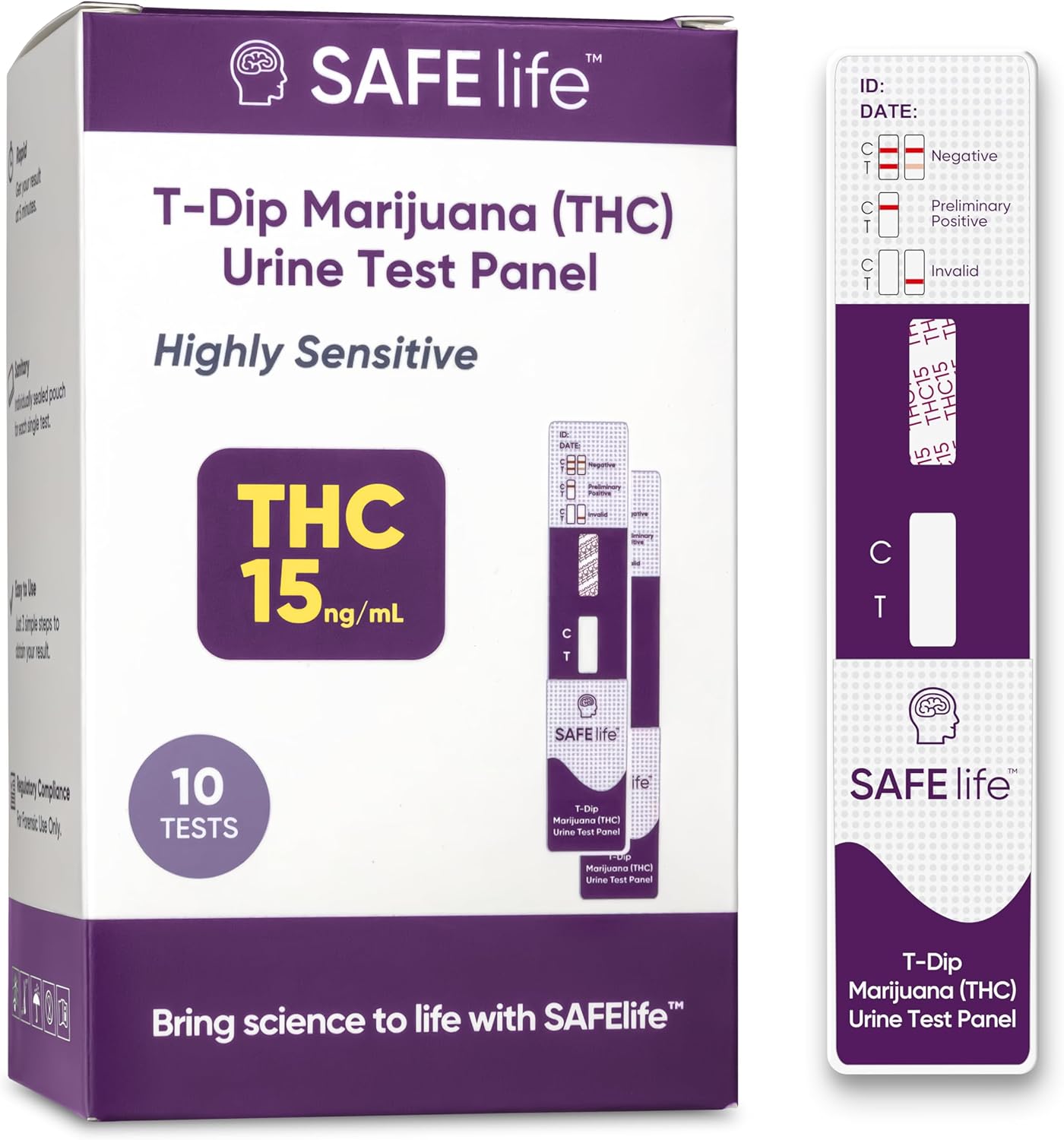 SAFE LIFE Highly Sensitive Marijuana THC 15 ng/mL Single Panel Urine Test Kit, Easy Home Drug Test, Detecting Any Form of THC [10 Pack]