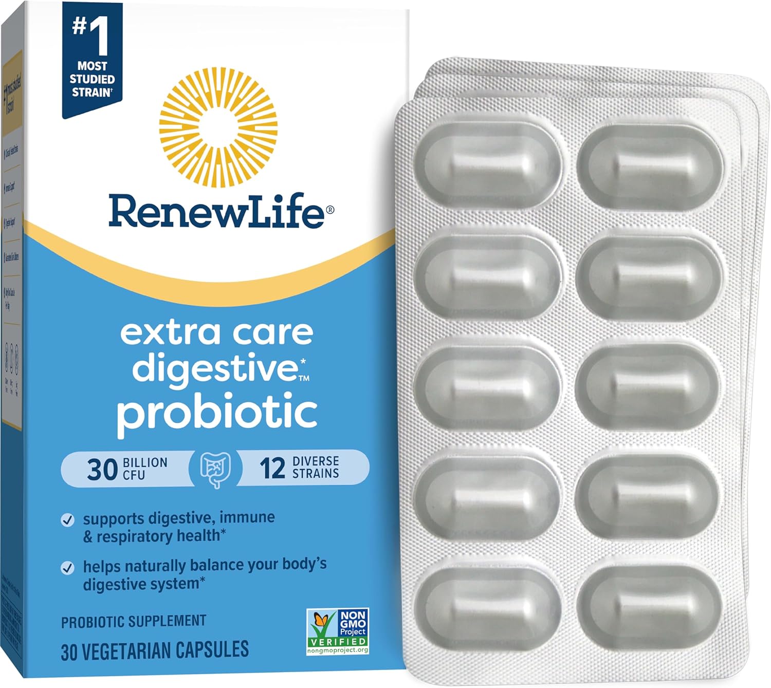 Renew Life Extra Care Go-Pack Probiotic Capsules, Daily Supplement Supports Immune, Digestive and Respiratory Health, L. Rhamnosus GG, Dairy, Soy and gluten-free, 30 Billion CFU, 30 Ct