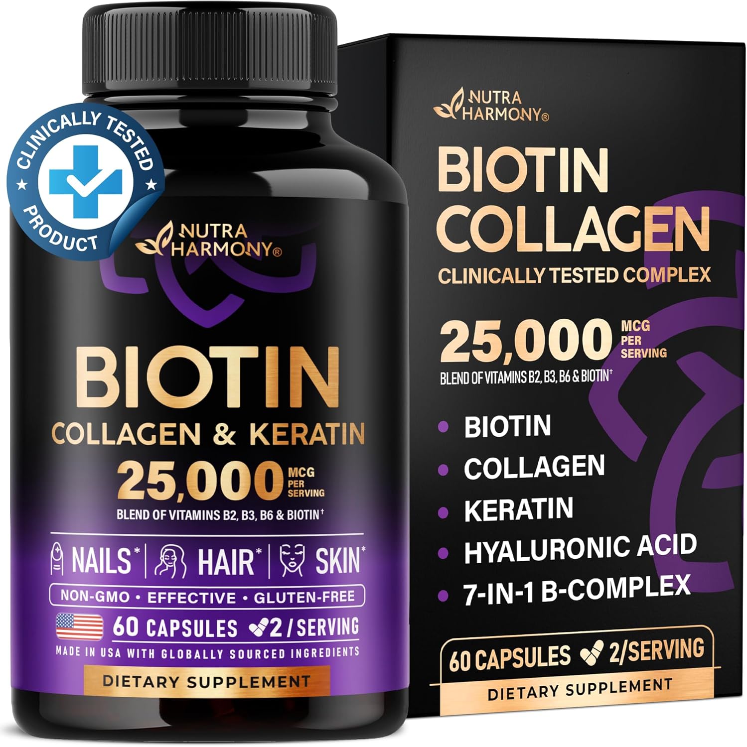 Biotin | Collagen | Keratin – Clinically Tested Supplement – Hair Growth Support – Skin & Nails Complex 25000 mcg – Hyaluronic Acid | B2 | B3 | B6 | B7 – Made in USA – For Women & Men | 60 Capsules