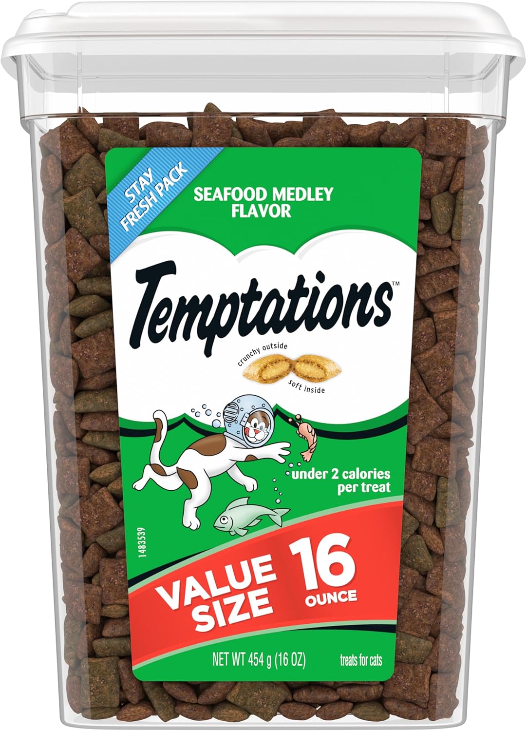 TEMPTATIONS Classic Crunchy and Soft Cat Treats Seafood Medley Flavor, 16 oz. Tub