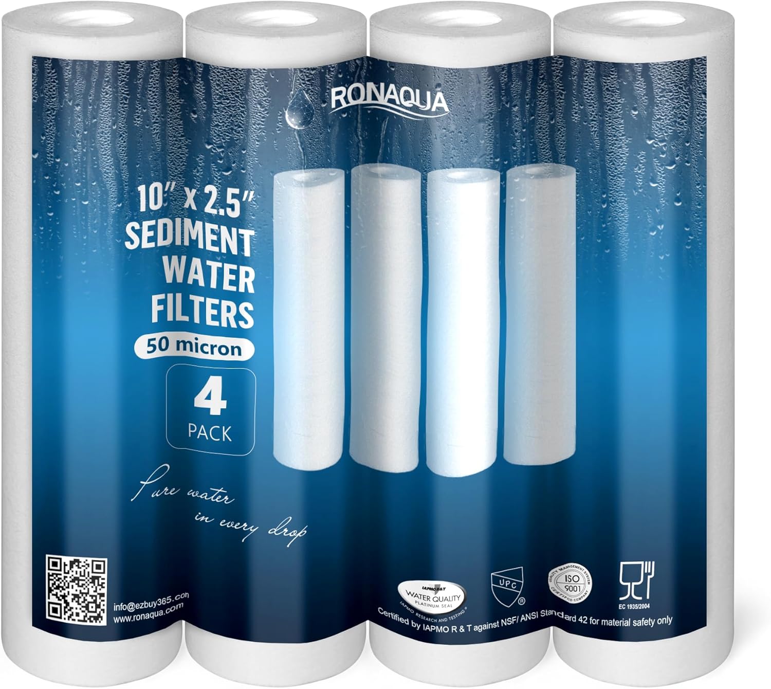 Ronaqua 50 Micron Sediment Water Filter Cartridge 10″x2.5″, NSF Certified, 4-Layer Filtration for any 10-inch RO Units & Whole House Systems, Compatible with Culligan P5, AP110, WHKF-GD05, 4 Pack