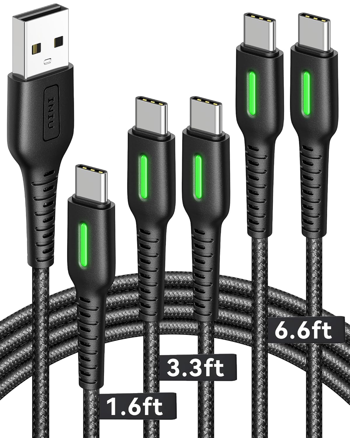 INIU USB C Cable, 5-Pack [1.6/3.3/6.6 ft] 3.1A Fast Charging Type C Cord, Nylon Braided USB A to USB-C Phone Charger Cable for iPhone 16 15 Series Samsung Galaxy S21 S20 S10 Google Pixel 7 6 etc