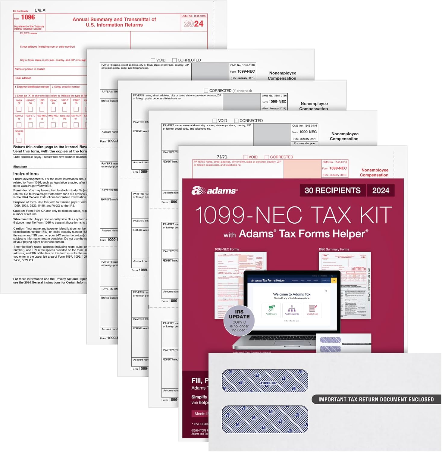 Adams 2024 1099 NEC Tax Forms Kit for 30 Recipients, 4-Part 1099 Forms, 3 1096 Forms, Self Seal Envelopes, Access to Adams Tax Forms Helper (1009317)