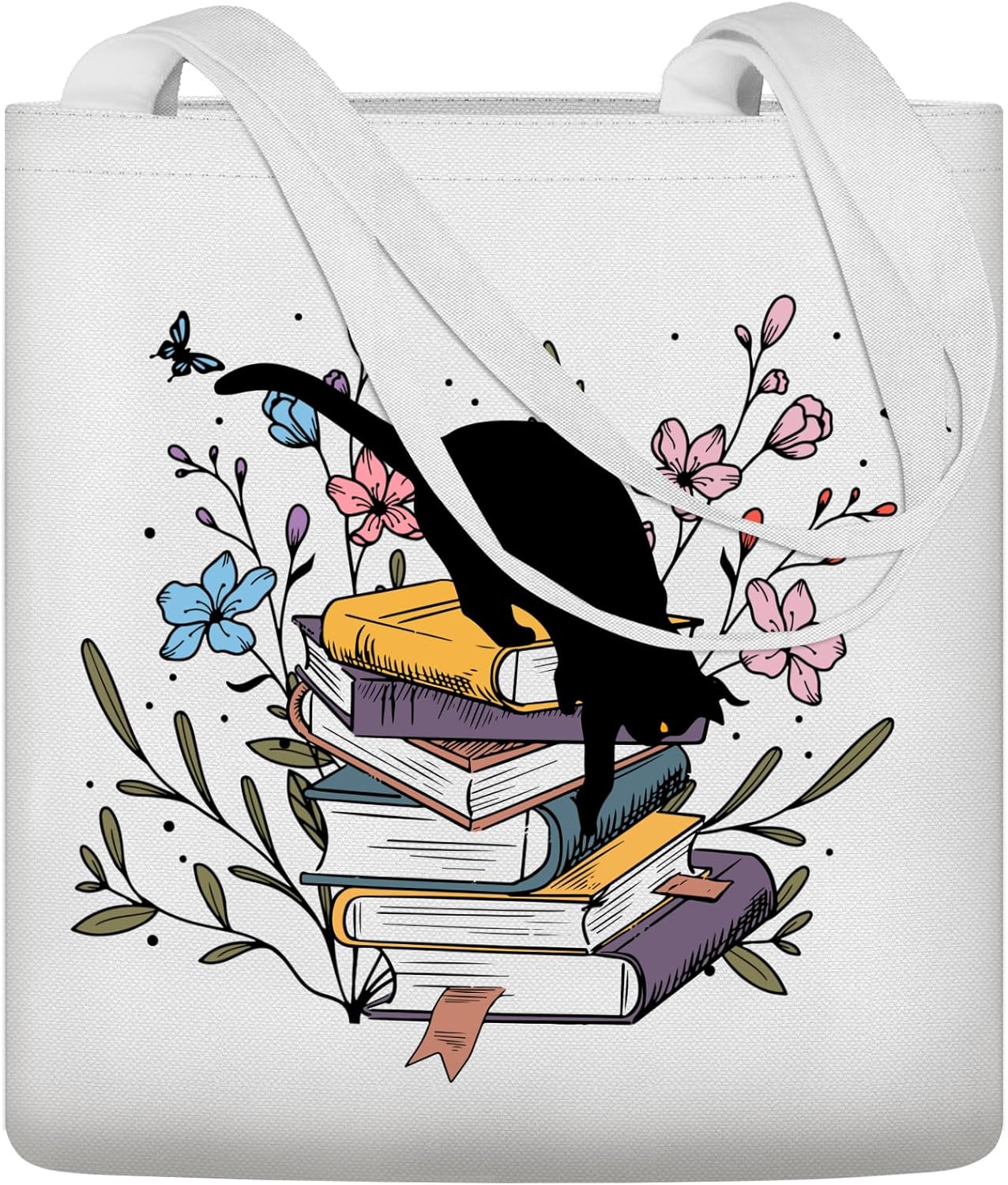 Canvas Tote Bag Fabric Cotton Aesthetic Bags for Women Large Reusable Cute Black Cat Tote with Handles