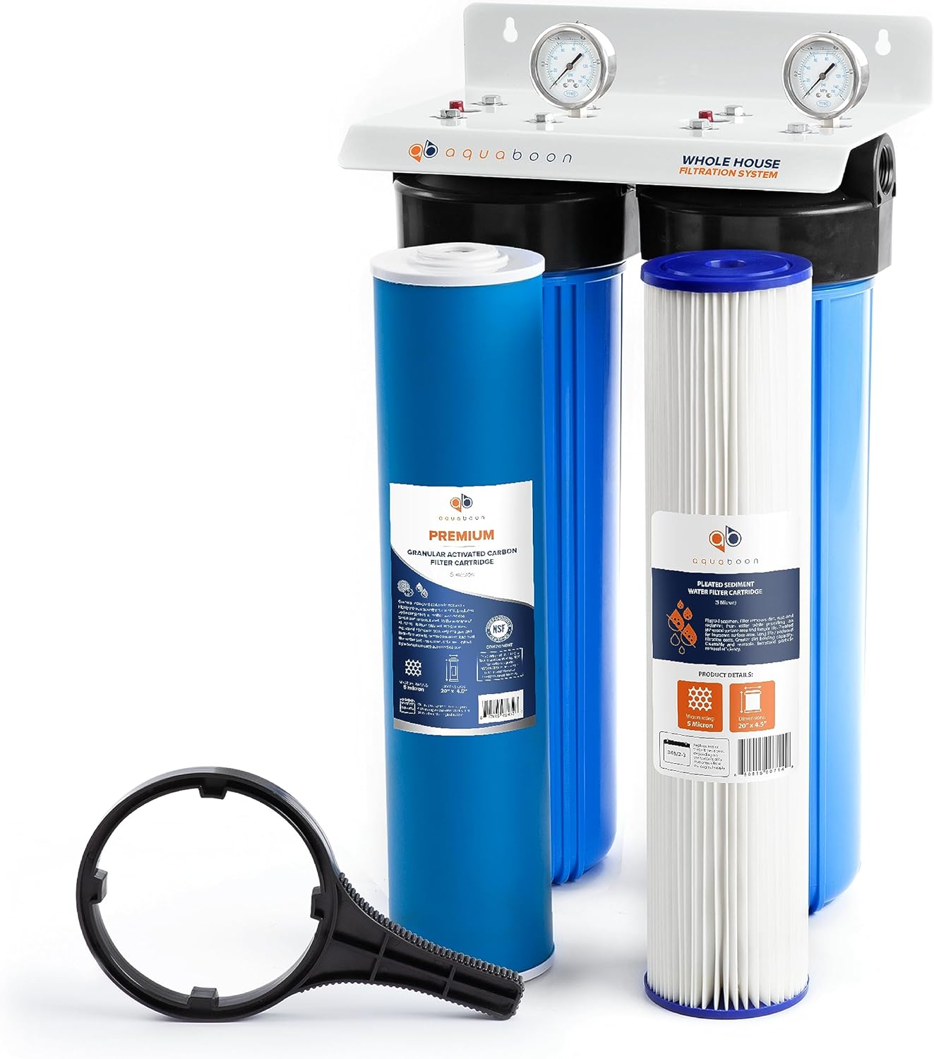 Aquaboon 2-Stage Whole House Water Filter System with 20×4.5 Water Filters Against Sediment & Chlorine | Gauge & Release, Wrench, Bracket Included