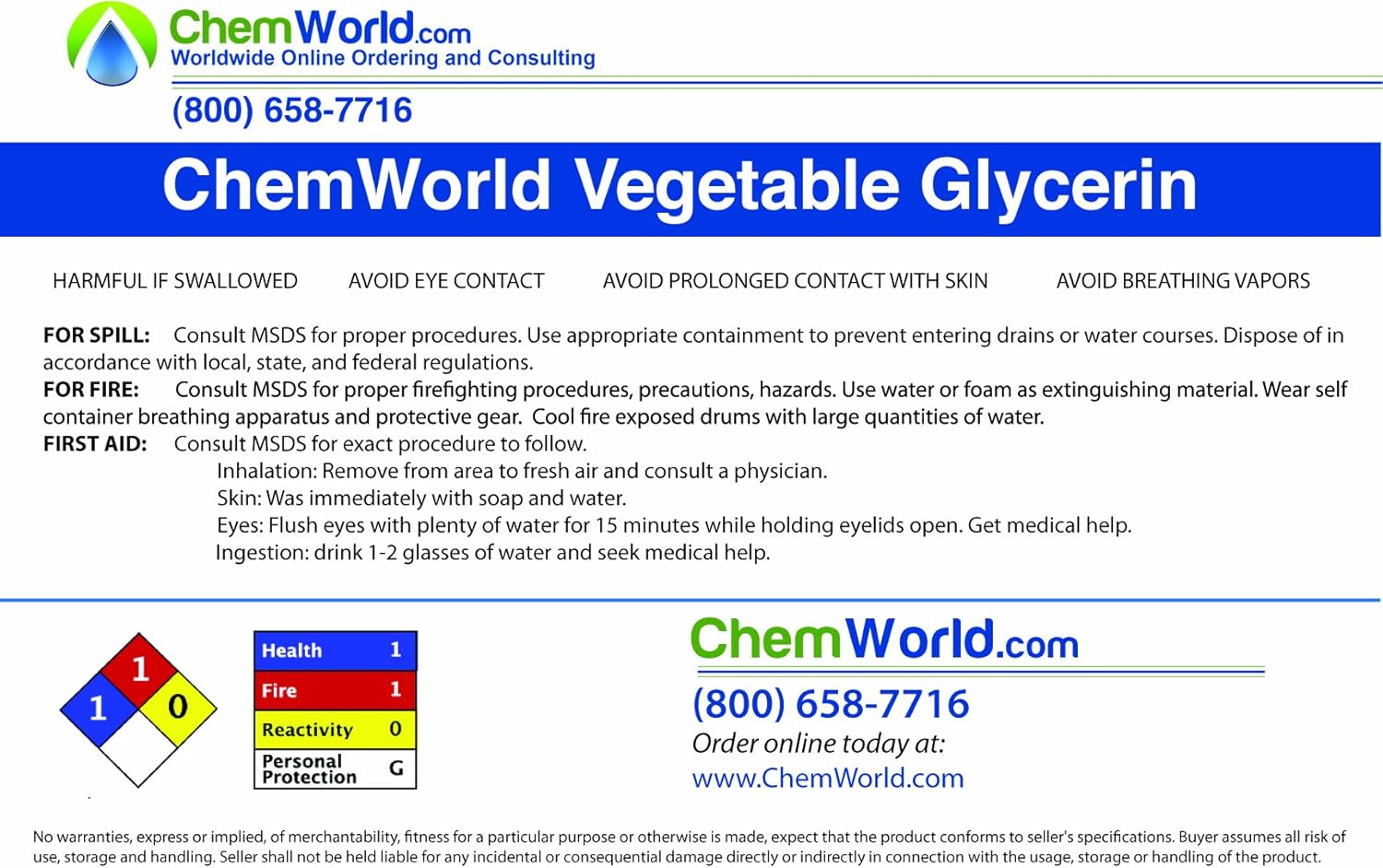 ChemWorld Vegetable Glycerin – 4.6 Gallons