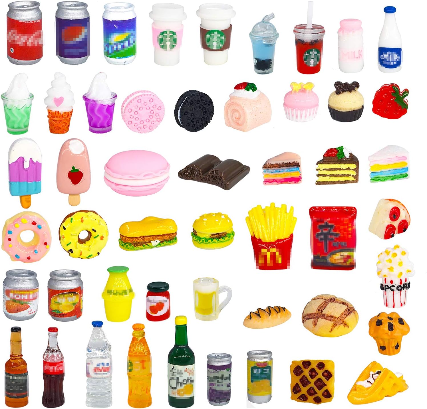 50 Pcs Miniature Food Drink Bottles Soda Pop Cans Pretend Play Kitchen Game Party Accessories Toys Hamburg Cake Ice Cream for 1/12 Doll House (25Food+25Drink)