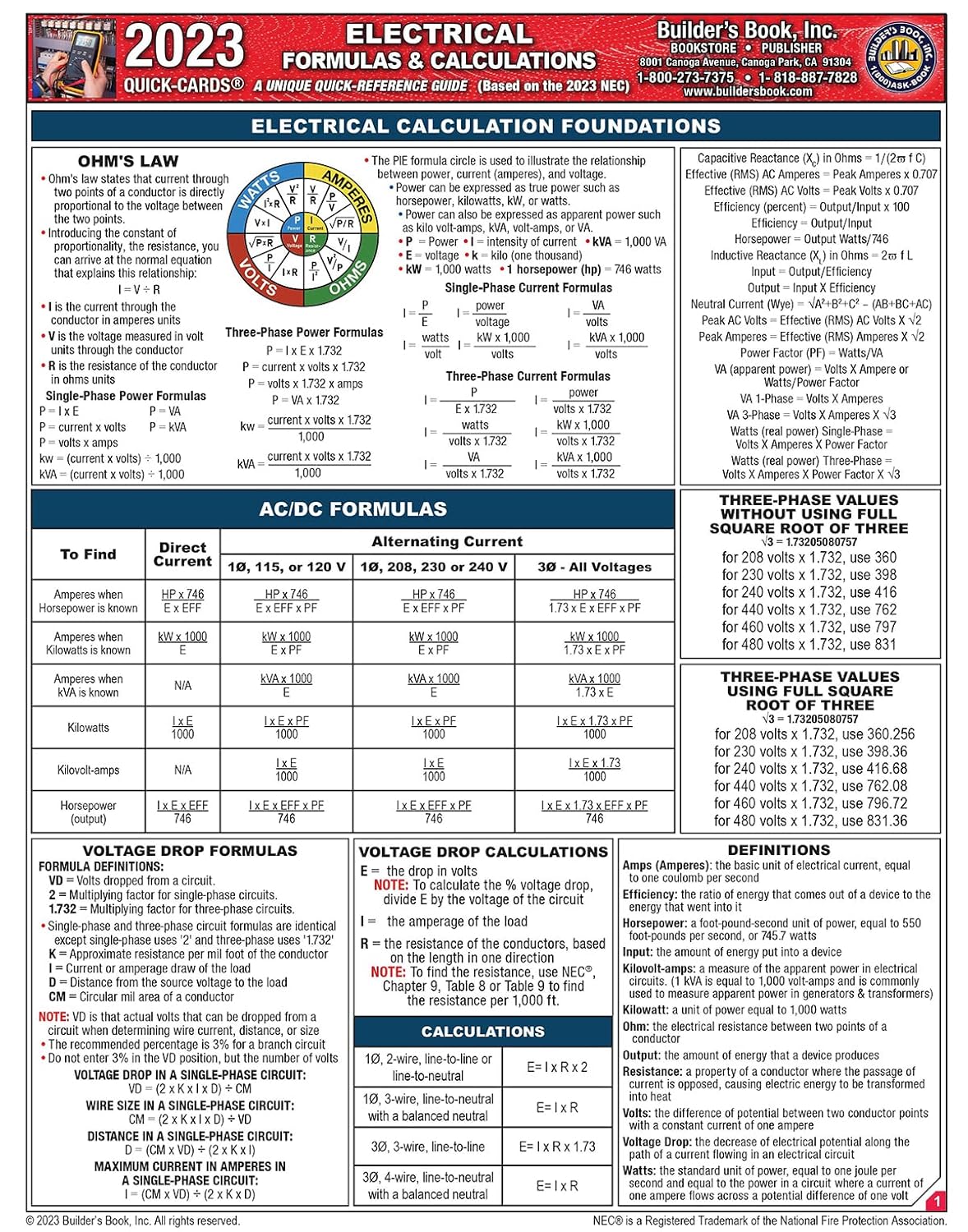 Electrical Formulas & Calculations Quick-Card based on the 2023 NEC