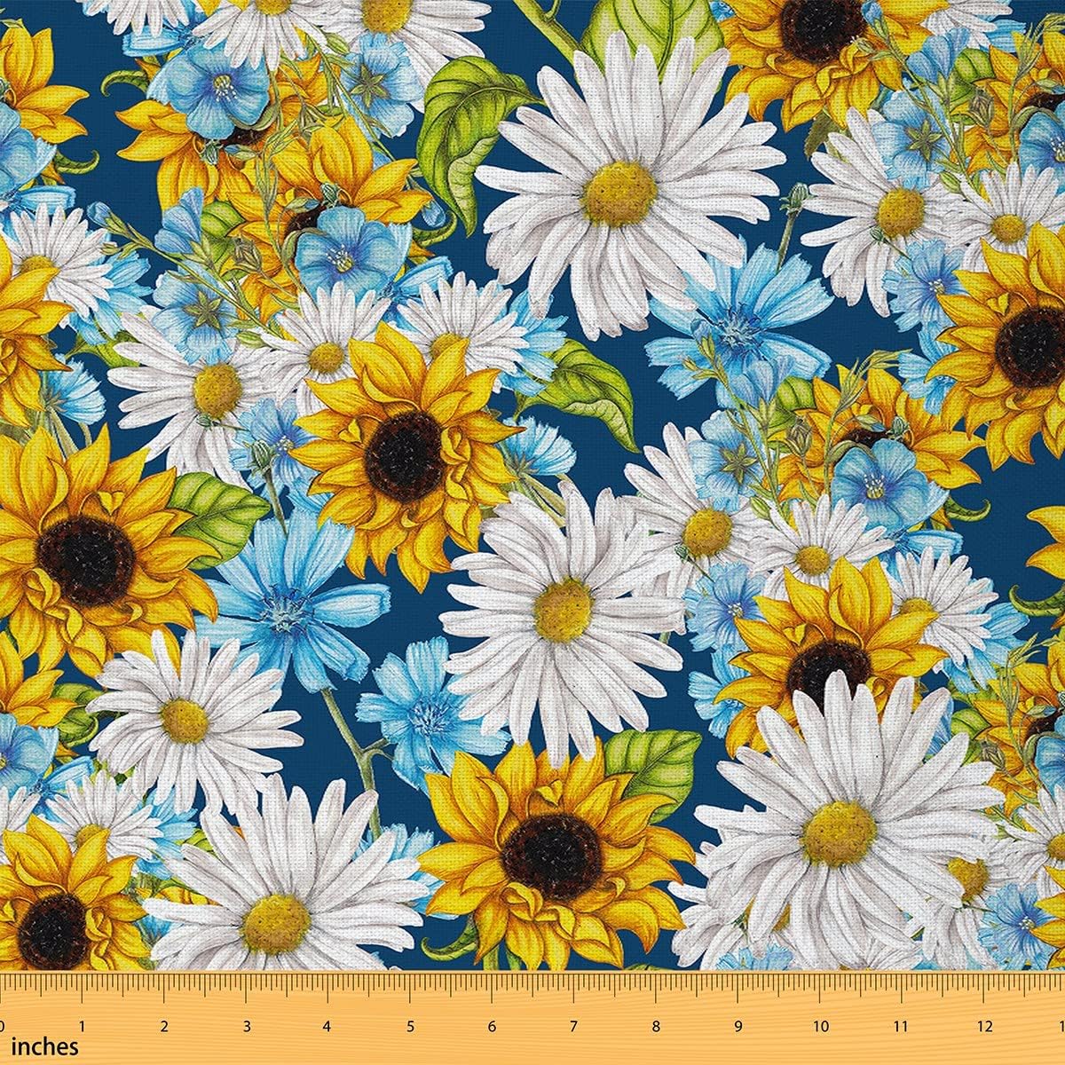 Sunflower Daisy Fabric by The Yard, Garden Floral Blossom Upholstery Fabric, Retro Ink Painting DIY Outdoor Fabric, Botanical Branches Decor Fabric for Quilting Sewing, Yellow Blue White, 1 Yard