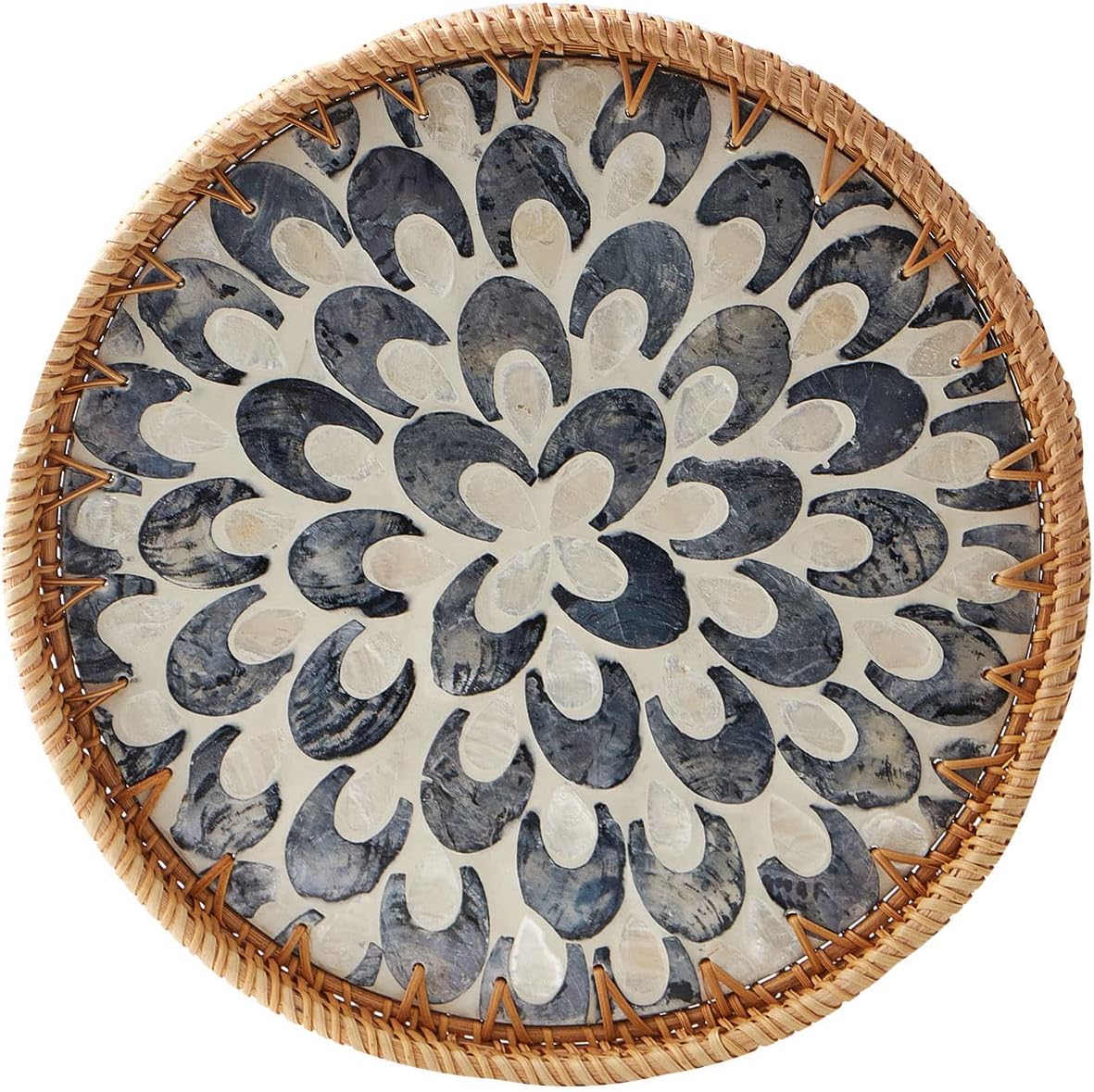 Round Rattan Tray with Mother of Pearl Inlay, Rattan Serving Tray with Wooden Base, Decorative Wicker Basket for Table Decor, Storage and Display of Coffee Bread Food Fruit (Plume)