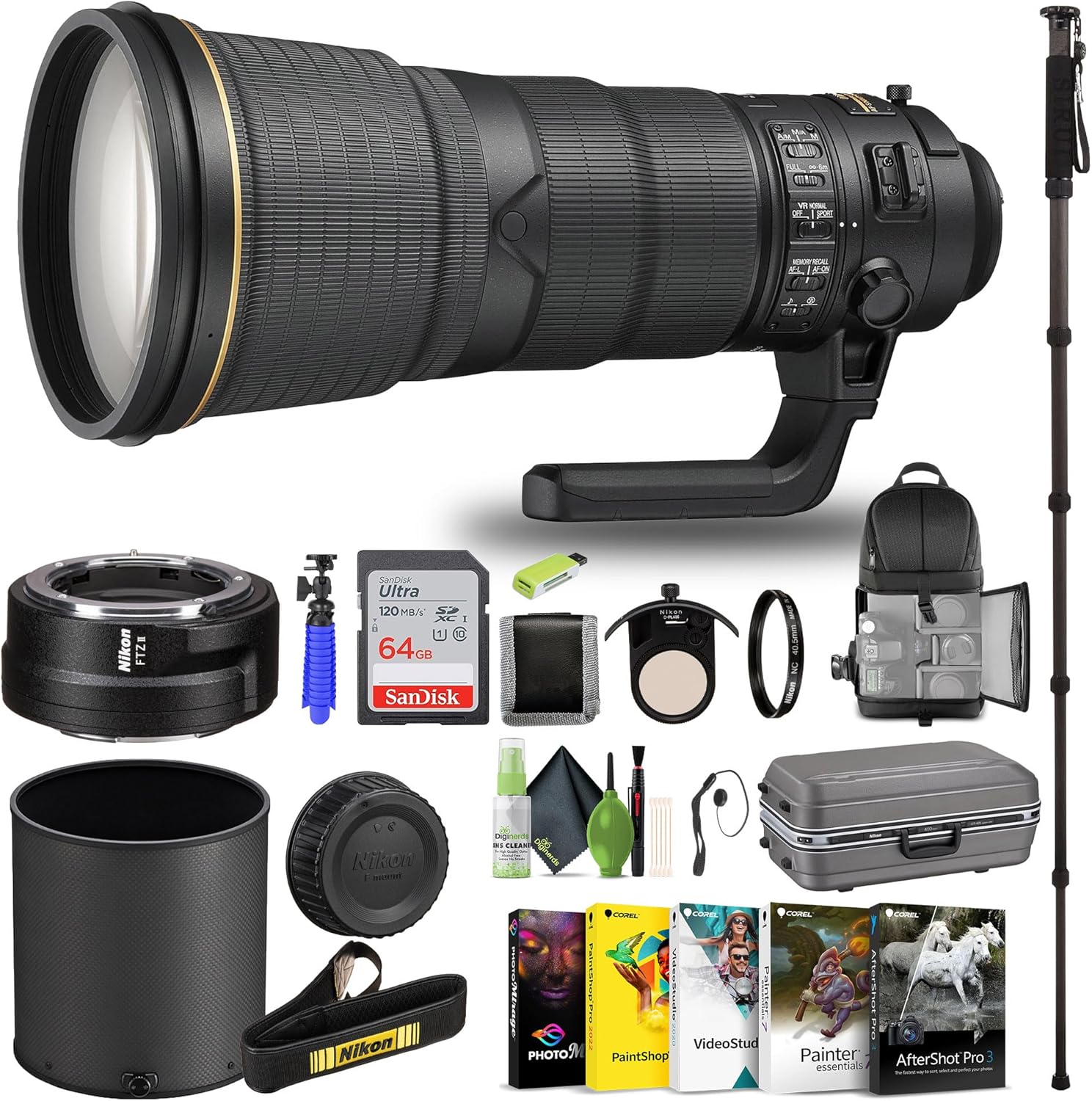 Nikon – AF-S NIKKOR 400mm f/2.8E FL ED VR Lens for DSLR Cameras (2217) + FTZ II Adapter + 64GB Memory Card + Backpack + Monopod + Card Reader + Corel Photo Software + Flex Tripod + More