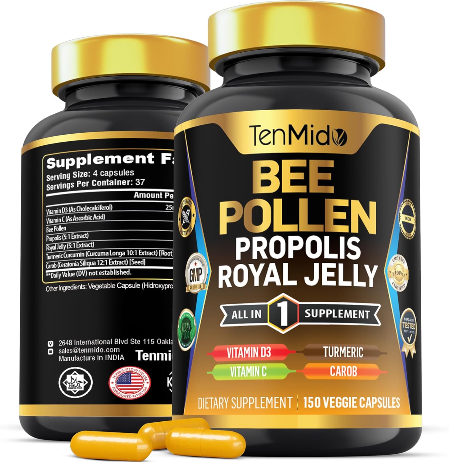 Organic Bee Pollen Supplement for Men and Women, 7in1 Formula with Propolis, Royal Jelly, Turmeric, Carob & More – Energy, Immune, Digestive Support – Rich in Nutrient, Vitamins – 150 Capsules