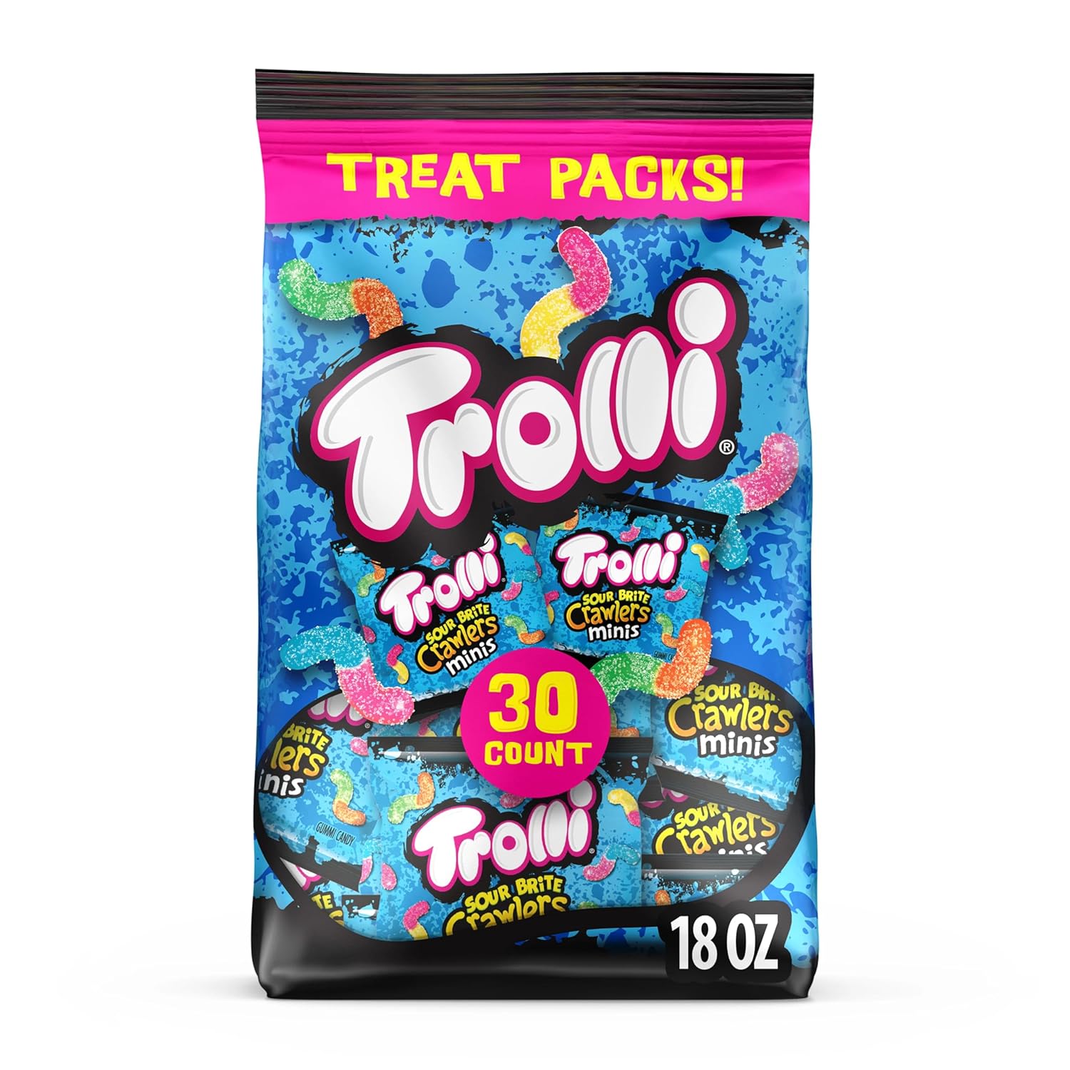 Trolli Mini Sour Brite Crawlers, Candy, Cherry-Lemon, Strawberry-Grape & Orange-Lime, Sweet and Sour, Gummy Worms, 18 oz (30 ct)