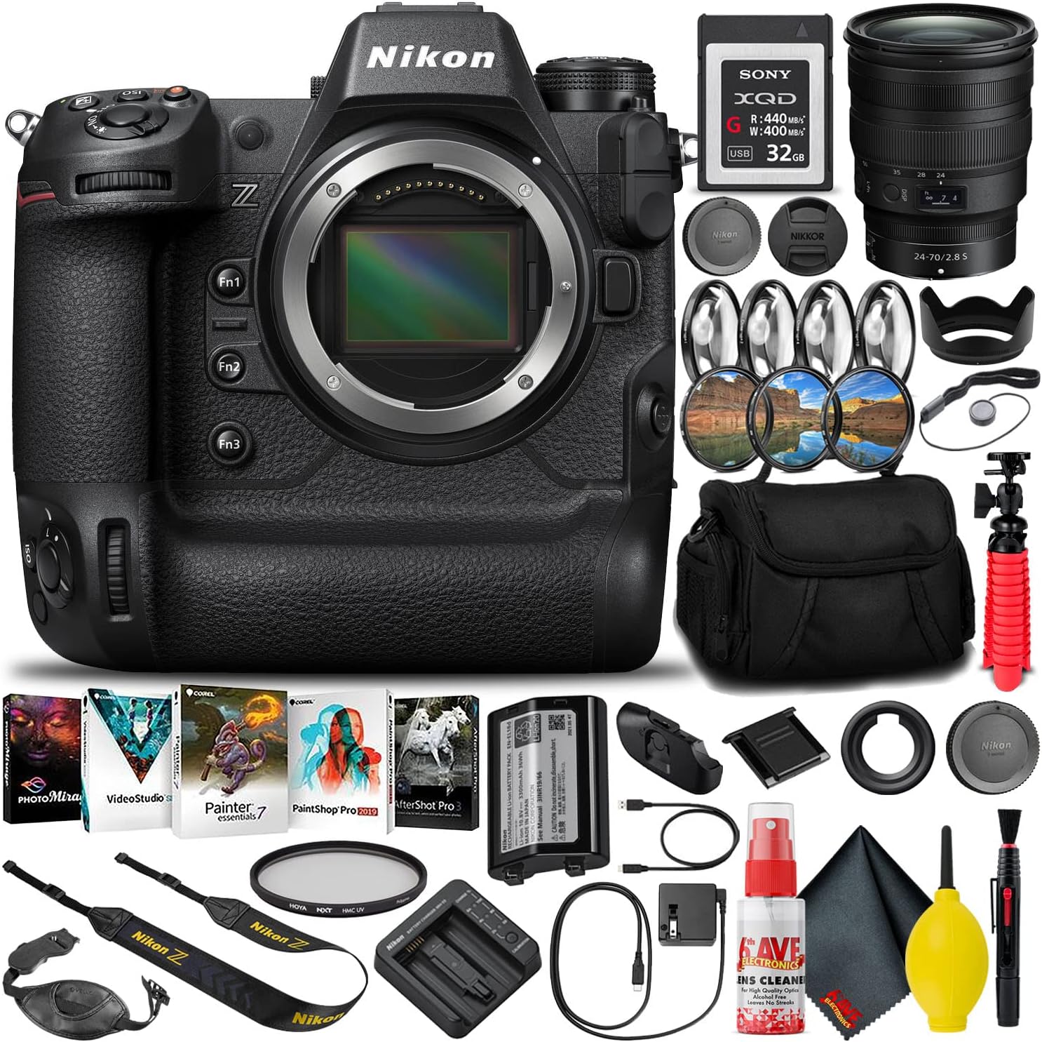 Nikon Z9 FX-Format Mirrorless Camera Body (1669) + 24-70mm f/2.8 S Lens + 32GB XQD Memory Card + Editing Software + Camera Bag + Pro Filter Kit + 12″ Tripod (Renewed)