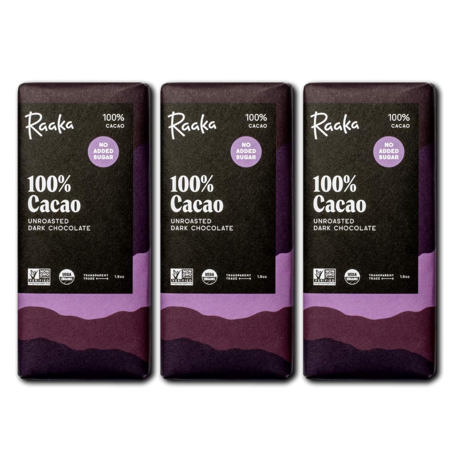 Raaka 100% Dark Chocolate Bars – Unsweetened, Sugar Free, Pure Cacao – Organic, Vegan, Soy Free, Gluten Free, Kosher, Keto, Nut Free – 1.8oz 100% Chocolate Bars, 3-Pack