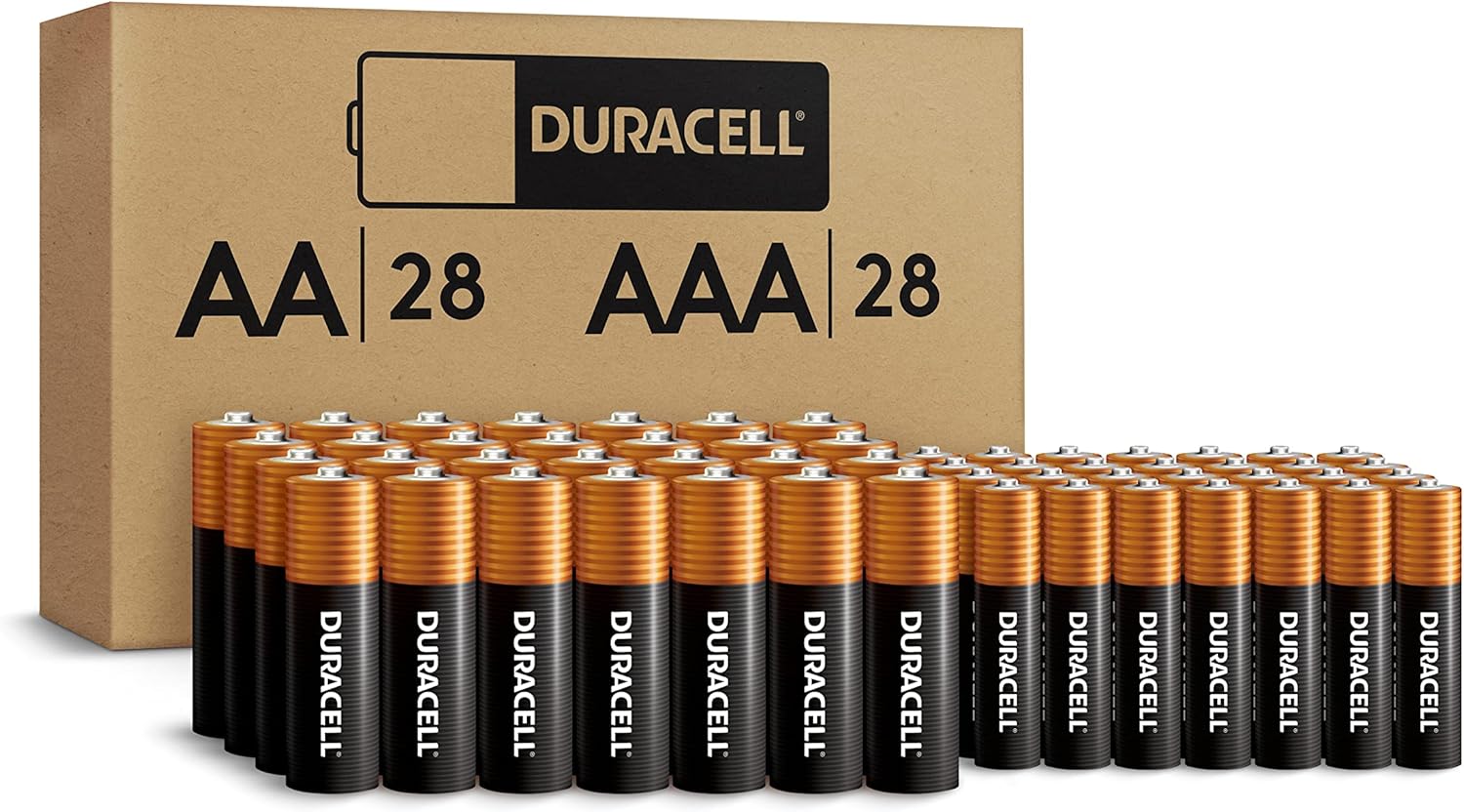 Duracell Coppertop AA + AAA Batteries, 56 Count (Pack of 1). Re-closable pack for easy access and organized storage.1 pack contains 28 Double A Batteries and 28 Triple A Batteries.