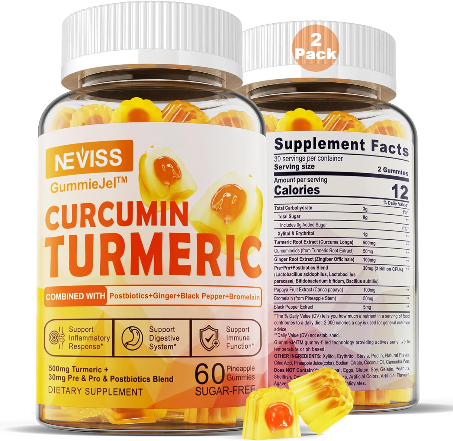 Sugar Free Turmeric Curcumin Filled Gummies 550mg for Adults, Ginger & Black Pepper | 95% Curcuminoids w/Prebiotic Probiotic & Postbiotic Blend, Support Joints, Immune & Digestive Health, Vegan 2 Pack