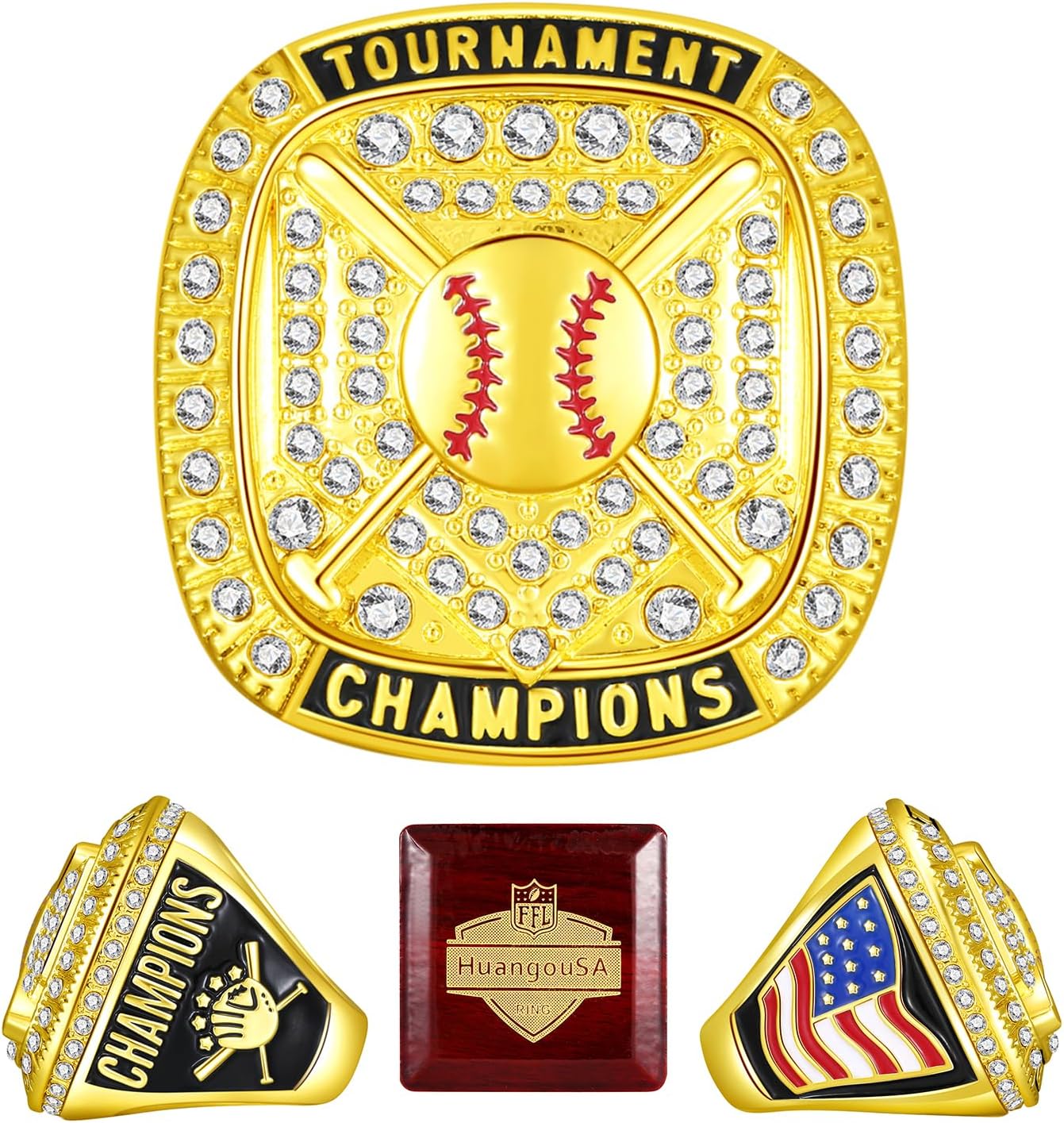 Baseball Championship Rings Sport Ball Games Award Gift With Wooden Box for Tournament or League Champion Winner