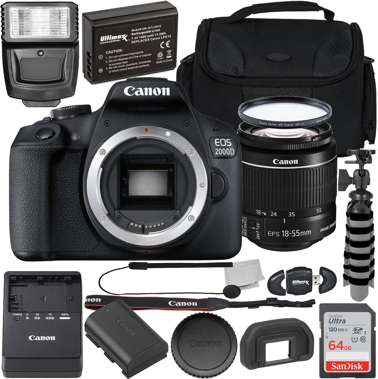 Canon EOS 2000D (Rebel T7) DSLR Camera with EF-S 18-55mm f/3.5-5.6 is II Lens + 64GB SDXC, Digital Flash, Extended Life Replacement Battery, Water Resistant Gadget Bag & More (19pc Bundle) (Renewed)