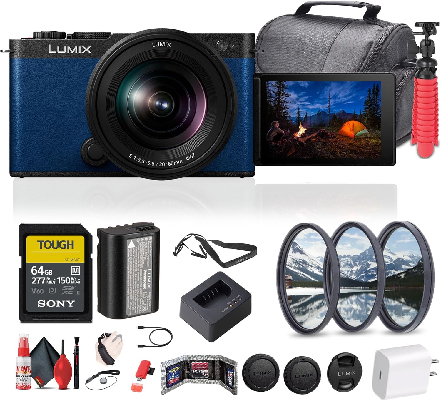 Panasonic Lumix S9 Mirrorless Camera with S 20-60mm f/3.5-5.6 Lens Bundle in Blue Including: 64 GB Memory Card, 3-Piece Filter Kit, Battery Pack, USB-C Charging Kit, and More Accessories