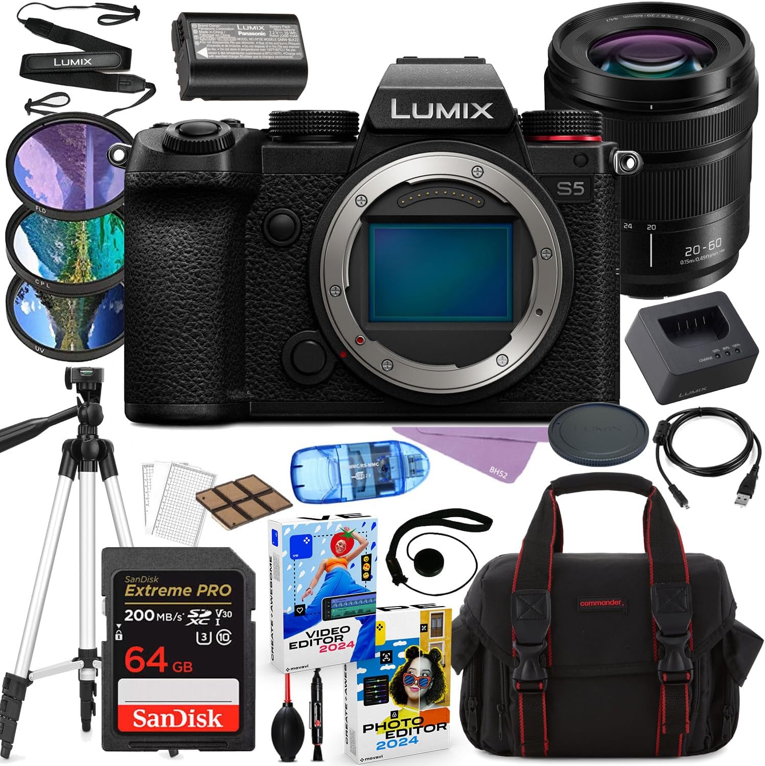 Panasonic Lumix S5 Mirrorless Camera with 20-60mm Lens Bundle + Accessories Including 64GB Extreme Pro Memory, Filters, Tripod, Photo/Video Software Package and More (27 Items)