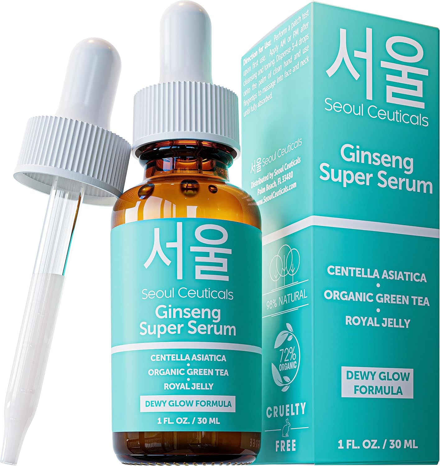 SeoulCeuticals Korean Skin Care Ginseng Serum – K Beauty Skincare with Green Tea + Centella + Royal Jelly – Cruelty Free & Organic for Dewy Glow 1oz