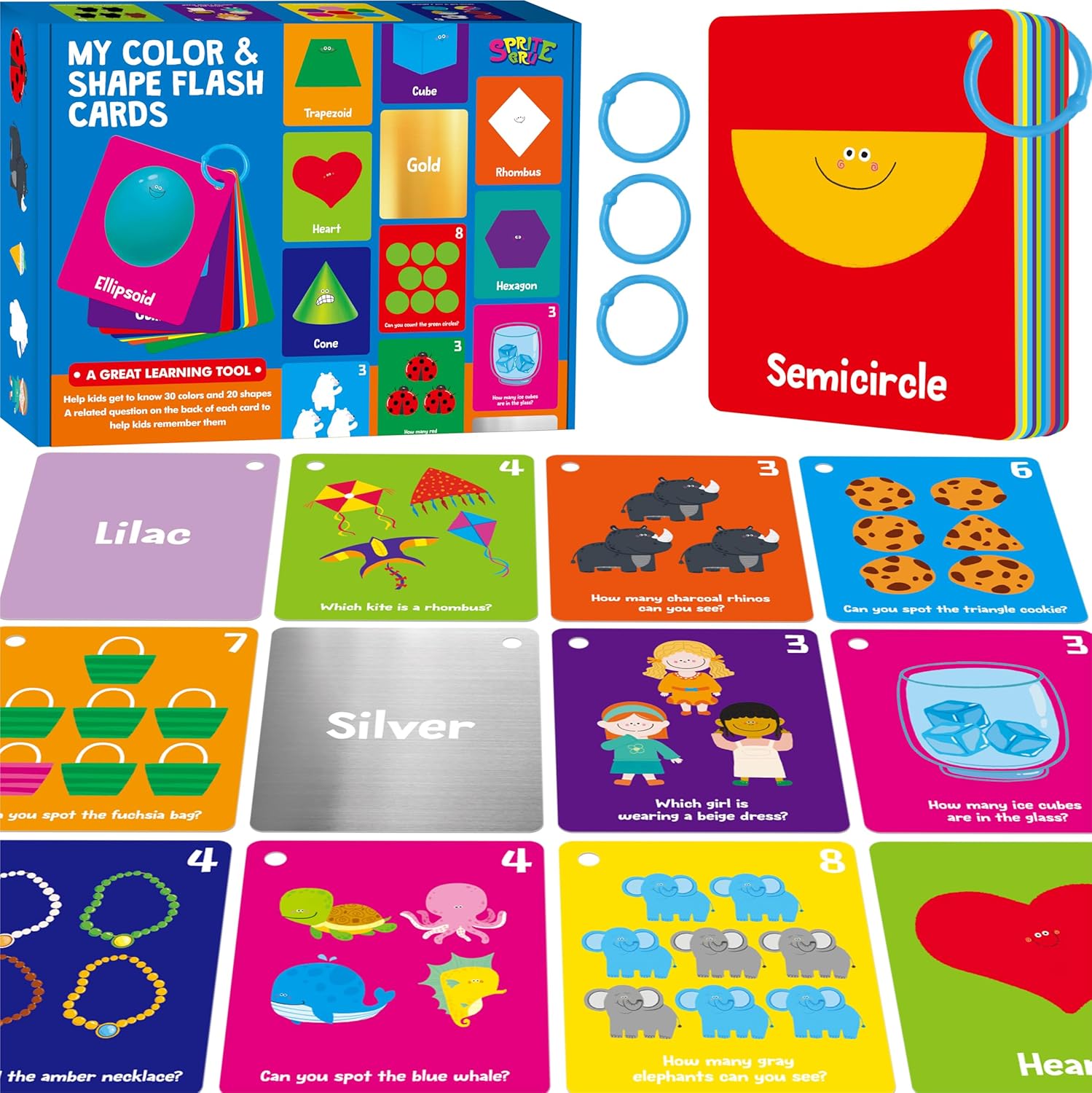 Color & Shape Flashcards, 50 Double-Sided Cards (30 Colors & 20 Shapes) Colorful Cards Educational Learning Tools for Preschool and Toddlers (3 Reclosable Rings Attached)