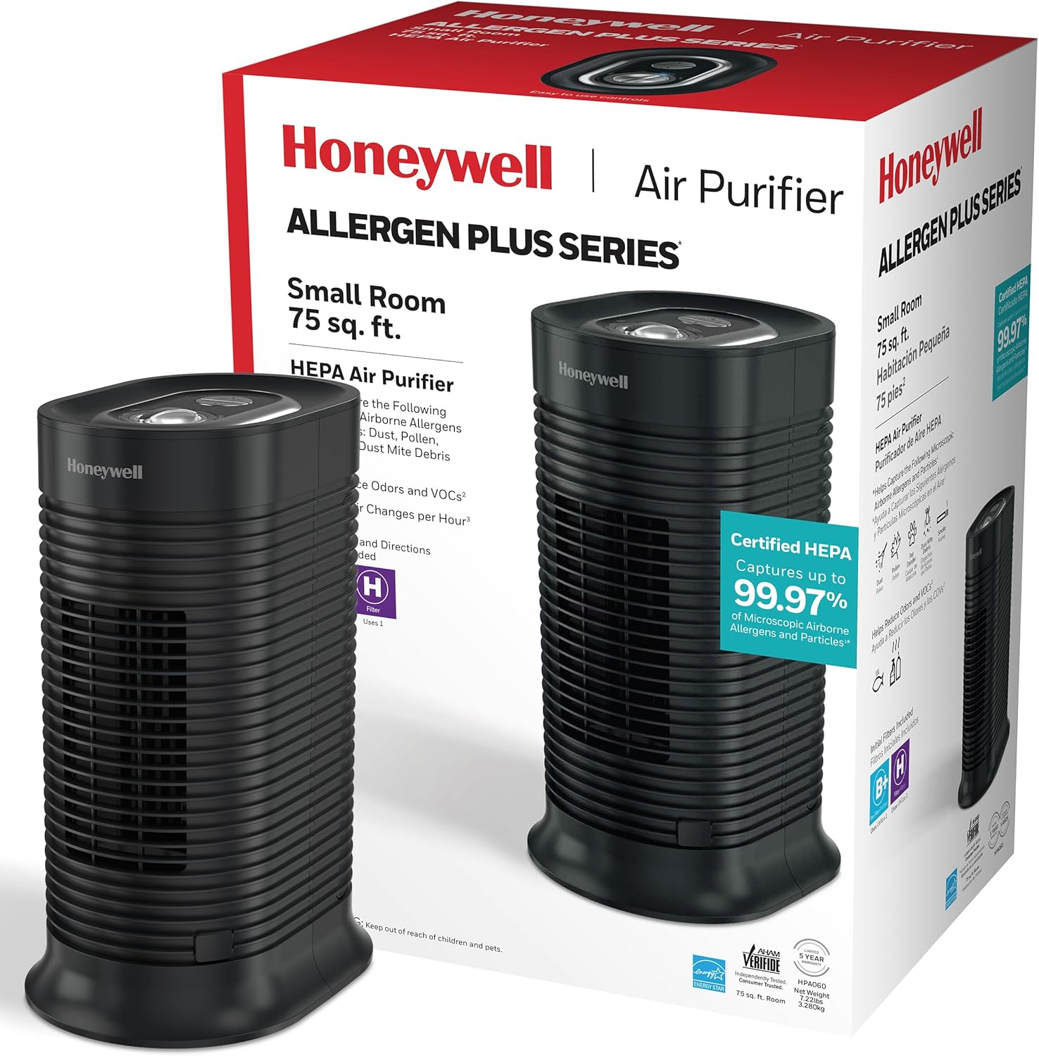 Honeywell AllergenPlus HEPA Tower Air Purifier, Airborne Allergen Reducer for Small Rooms, Reduces Allergens, Smoke, Wildfire Smoke, Pollen, Pet Dander and More, Black, HPA060