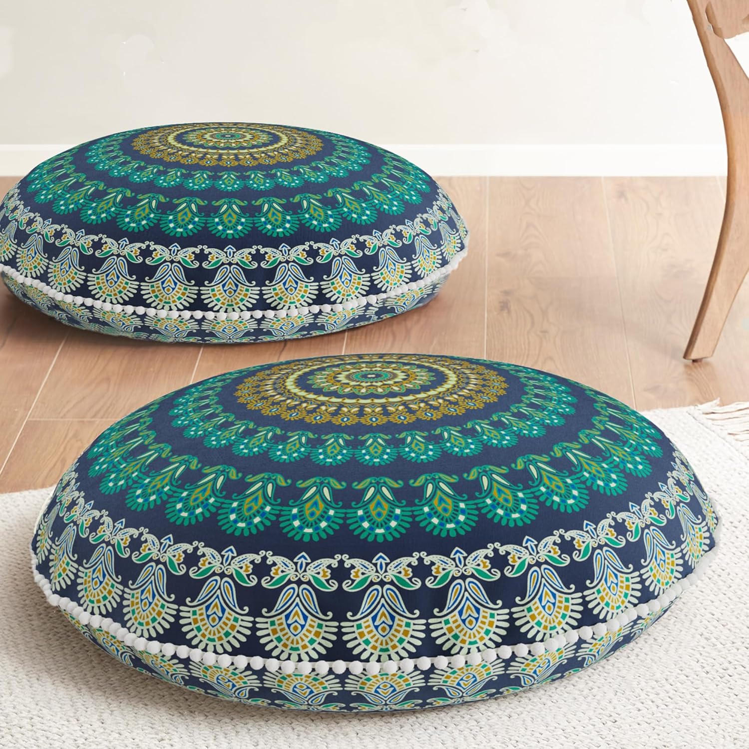 Codi Meditation Floor Pillow Set of 2, Round Large Pillows Seating for Adults, Bohemian Mandala Circle Cushions for Outdoor Fireplace Yoga Living Room, 32 Inch, Memory Foam Added, Green