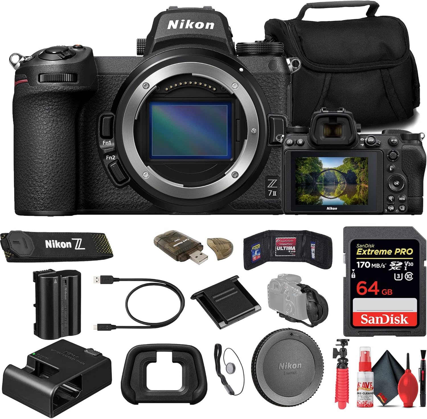 Nikon Z7 II Mirrorless Camera (1653) + 64GB Memory Card + Bag + Card Reader + Flex Tripod + Hand Strap + Memory Wallet + Cap Keeper + Cleaning Kit (Renewed)