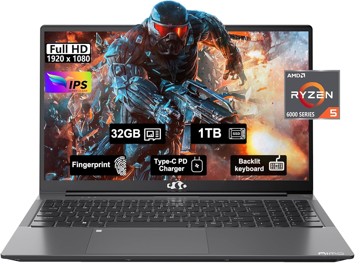 15.6” FHD IPS Business Gaming Laptop, 6-Cores AMD Ryzen 5 6600H, 32GB DDR5 RAM 1TB SSD(Beat i5-12450H, Up to 4.5GHz), 100W Type-C, 6-Cores 660M GPU, Fingerprint, Backlit Keyboard, Numpad