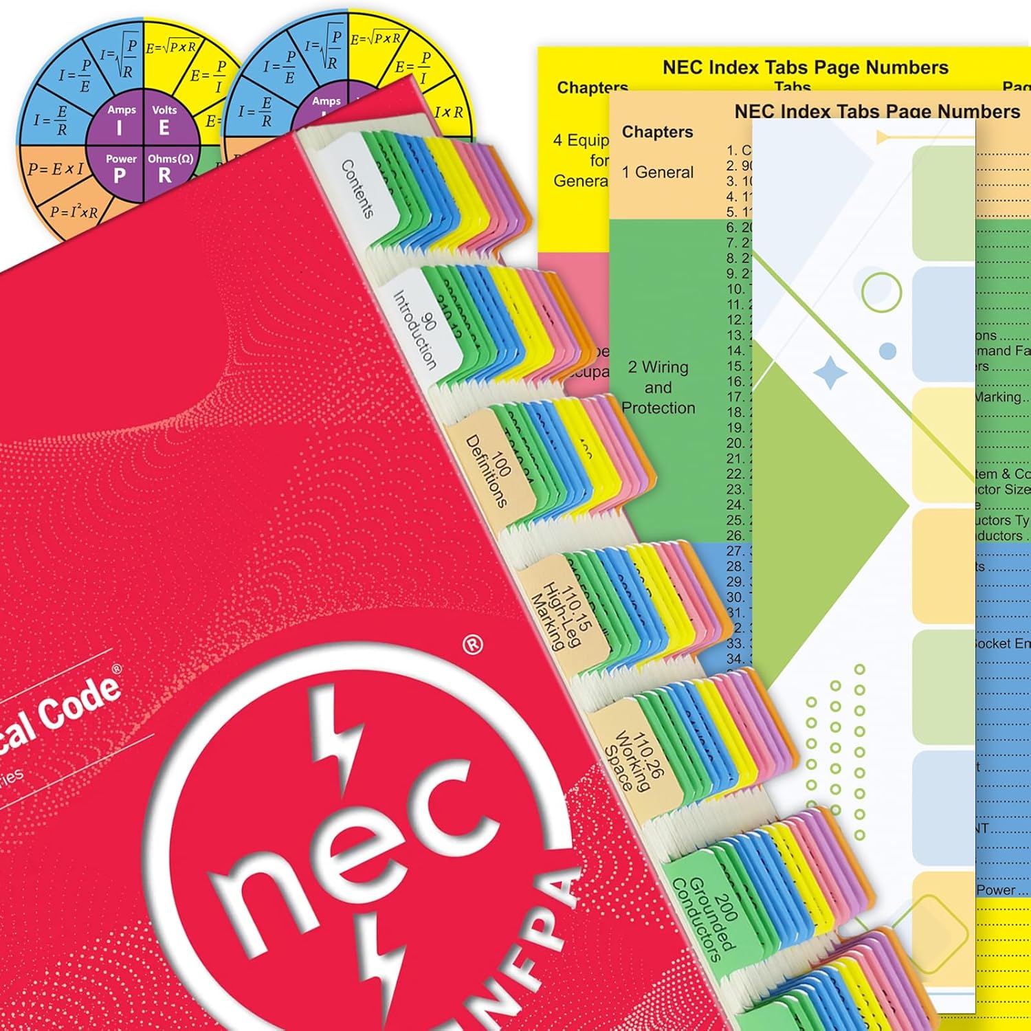 NEC Code Book Tabs 2023, 140 PCS NEC Tabs, Laminated & Color-Coded for National Electrical Code 2023, with Formula Guide/Wire Chart/2 Ohm’s Law Wheel Stickers/Page Numbers Card (Book Not Included)