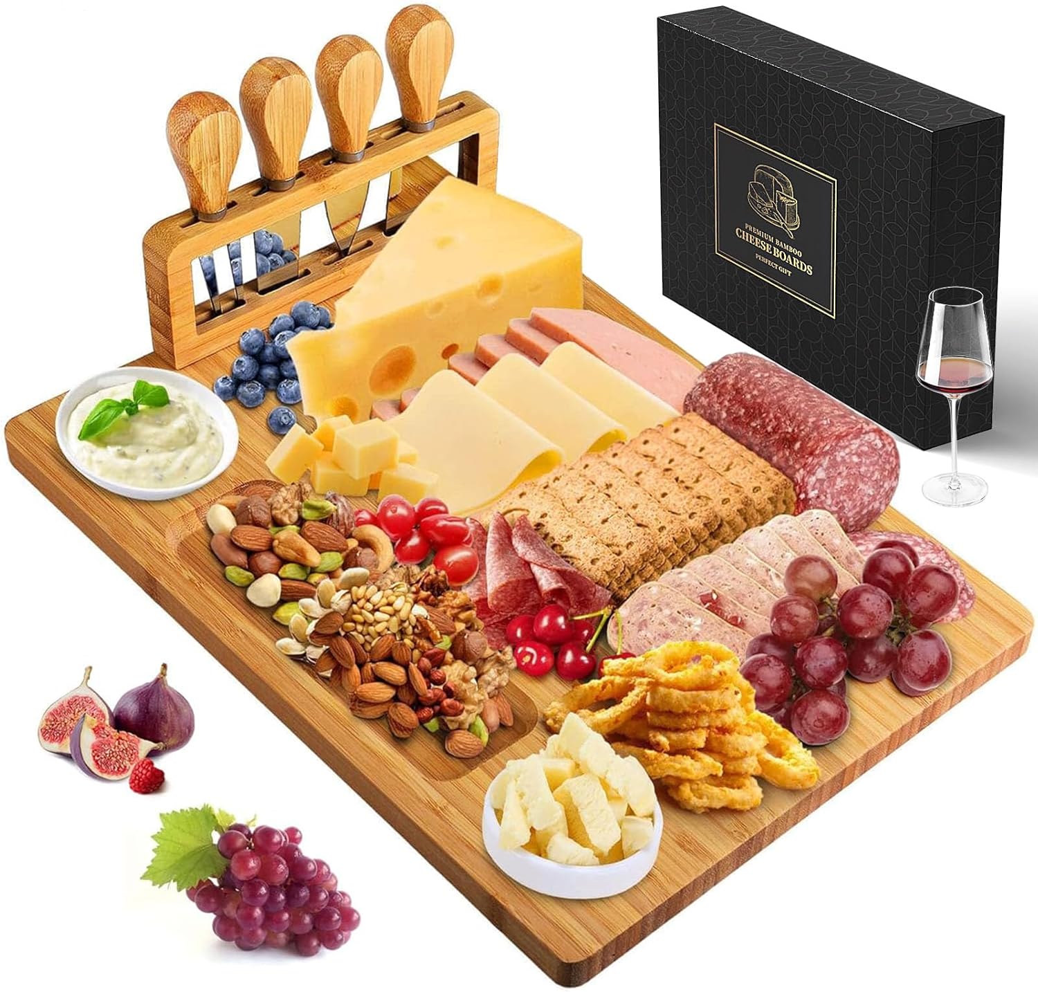 Bamboo Cheese Board Set – Charcuterie Boards and Serving Meat Platter, Cheese Tray with 4 Stainless Steel Cheese Knives Cutting Board Platter, Ideal for Halloween, Wedding, Christmas Gifts