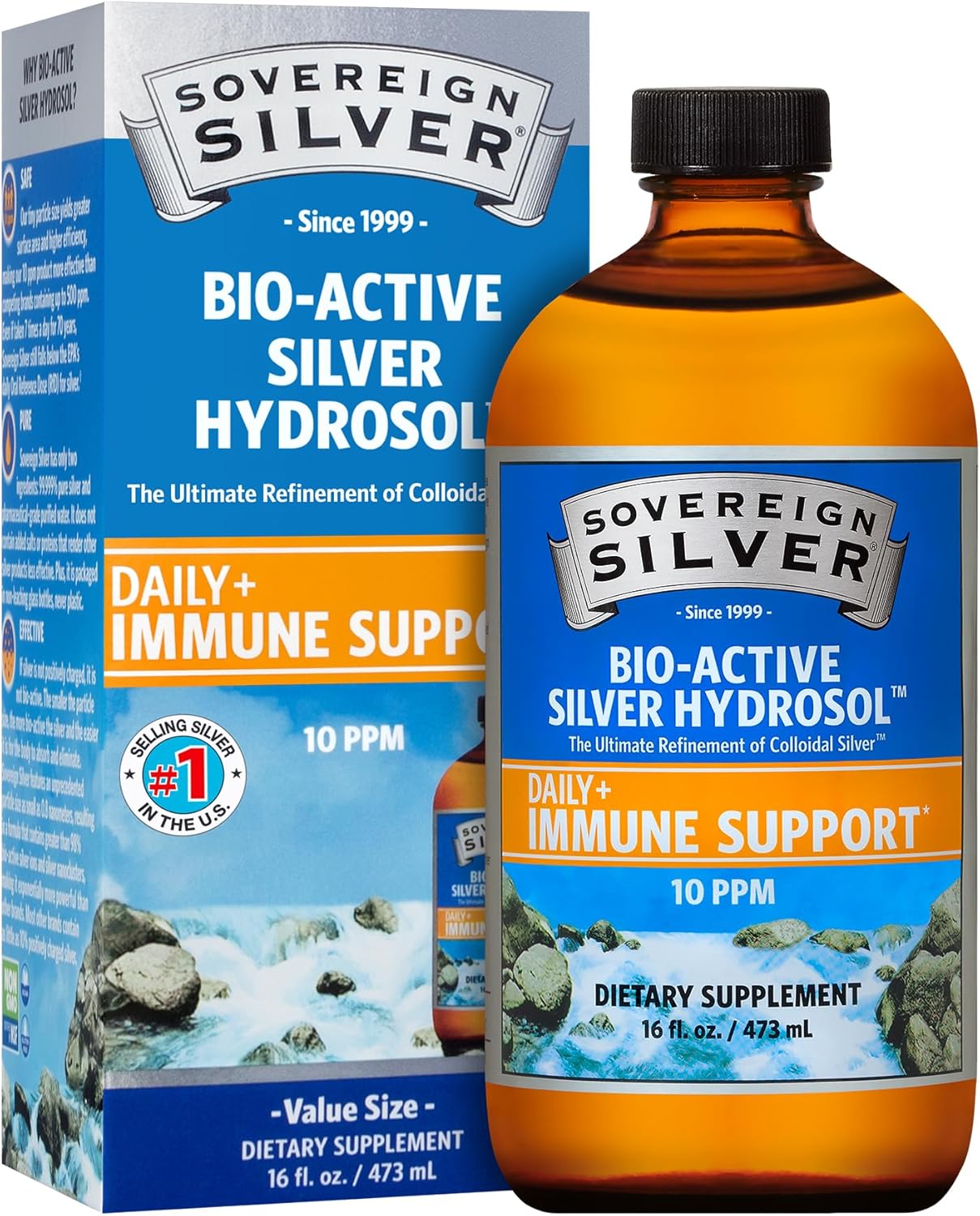 Sovereign Silver Bio-Active Silver Hydrosol for Immune Support – Colloidal Silver Liquid -10 ppm, 16oz (473mL) – Value Size