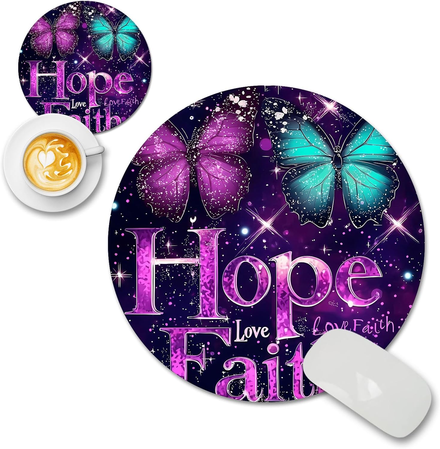 Hope Love Faith Design Vibrant Cute Round Mouse Pad Aesthetic for Desk Accessories, Girly Mousepad Fun Office Decor Lessens The Tedium of Your Workday, Portable Mousepad for Office Gaming Travel