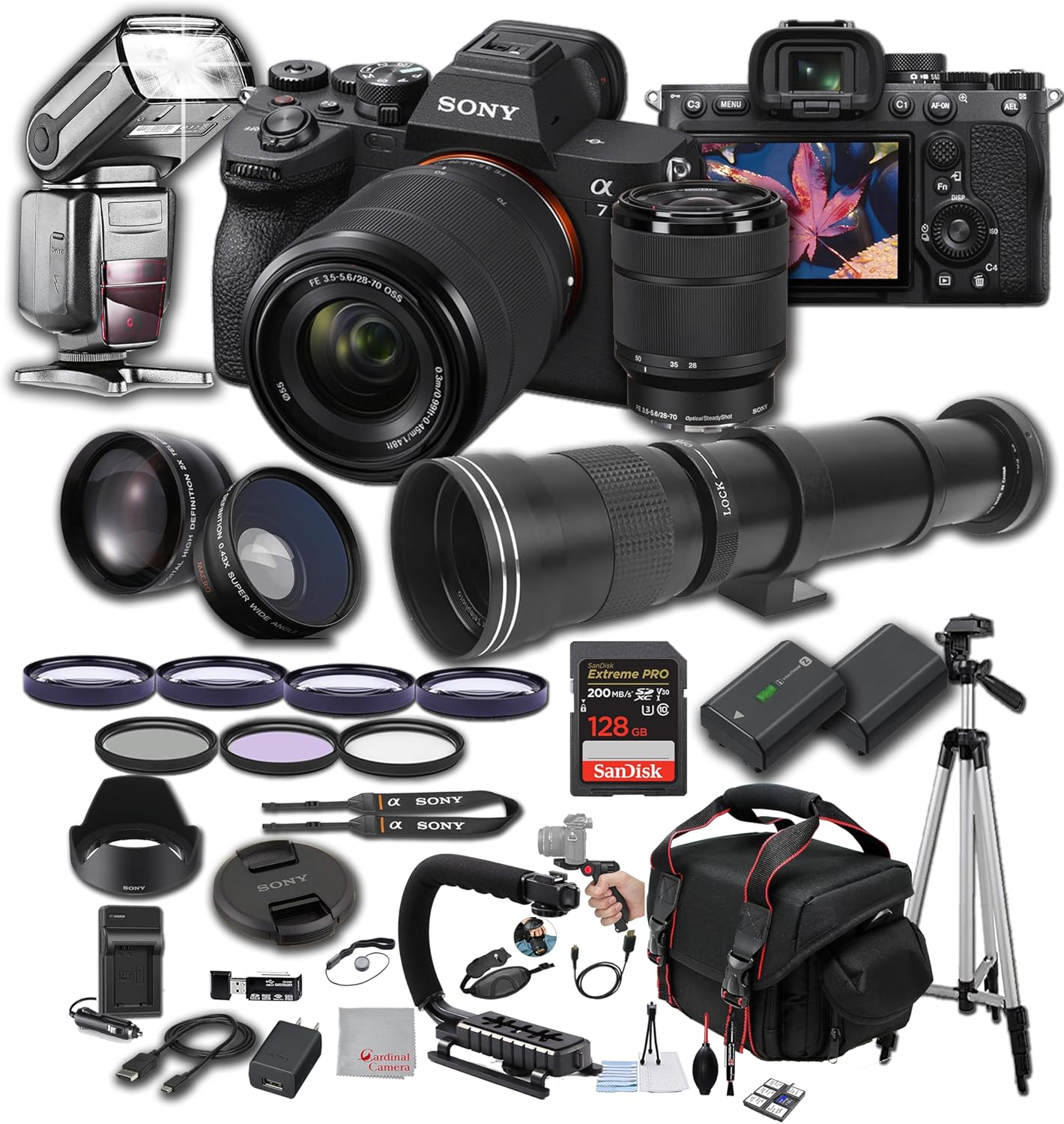 Sony A7 IV w/ 28-70mm Lens, 128GB Extreme Memory, 420-800mm Super Telephoto Lens, TTL Pro Flash, Filters, Lenses, Case Tripod, and More – Extreme Photo Bundle (42pc Bundle)