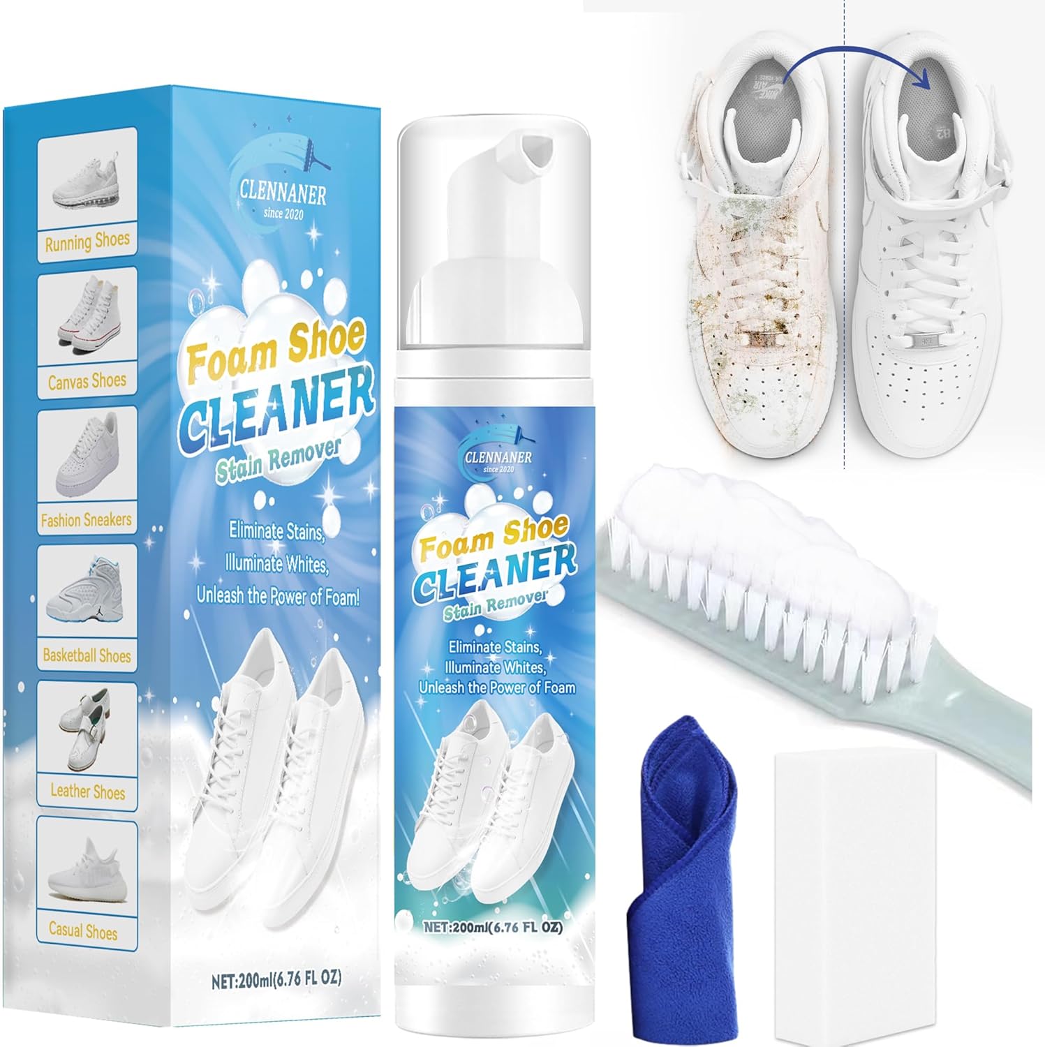 Shoe Cleaner, Sneaker Cleaner Removes Dirt and Stains, 6.76 Oz Shoe Cleaning Kit with Brush and Towel, White Shoe Cleaner works on White Shoes, Leather, Knit, Boots, Canvas, Suede, PU, Fabric