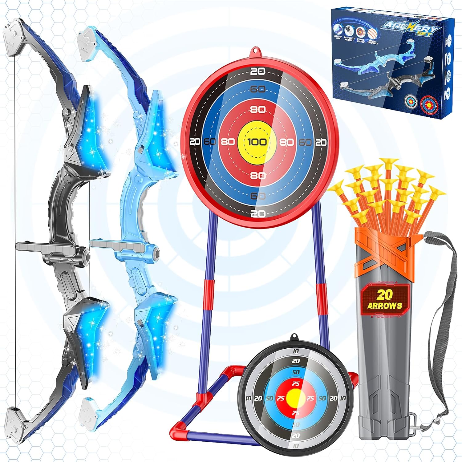 2 Pack Kids Bow and Arrow, 20 Suction Cup Arrows, 2 Archery Targets&Quiver, Light-up Set for 4 5 6 7 8 9 10 11 12 Year Old, Indoor Outdoor Toys for Ages 5-7 8-13 Boys Girls(Black & Blue)