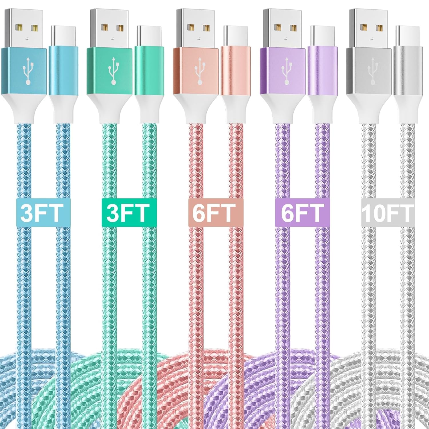 USB to USB C Charger Cable, 5 Pack(3/3/6/6/10FT) Usbc Charger Cord 3.1A Nylon Braided Type c Charger Fast Charging for iPhone 15 16,Samsung Galaxy S23 S22, Google Pixel, LG,HAWEI