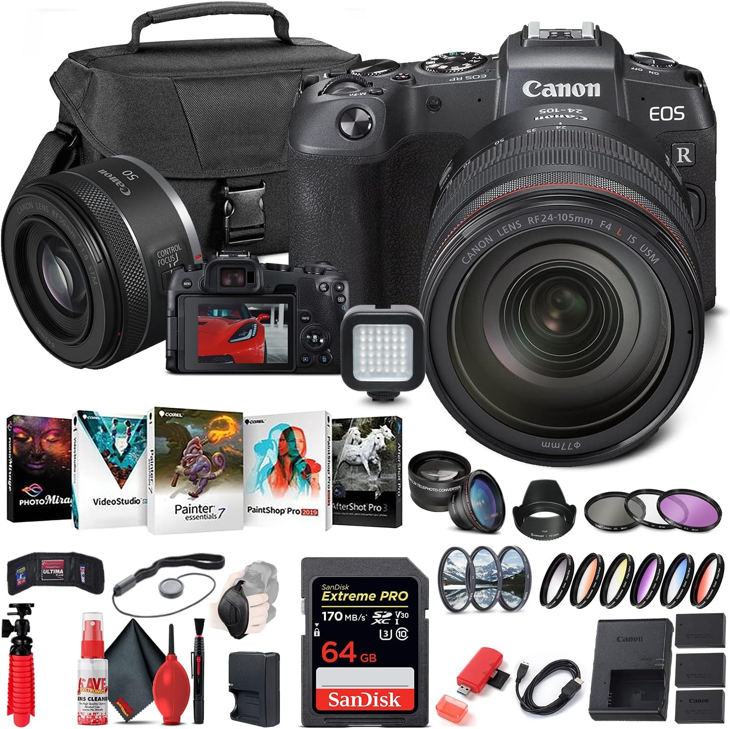 Canon EOS RP Mirrorless Digital Camera with 24-105mm Lens (3380C012) + Canon RF 50mm f/1.8 STM Lens + 64GB Memory Card + Color Filter Kit + Case + Filter Kit + Corel Photo Software + More (Renewed)