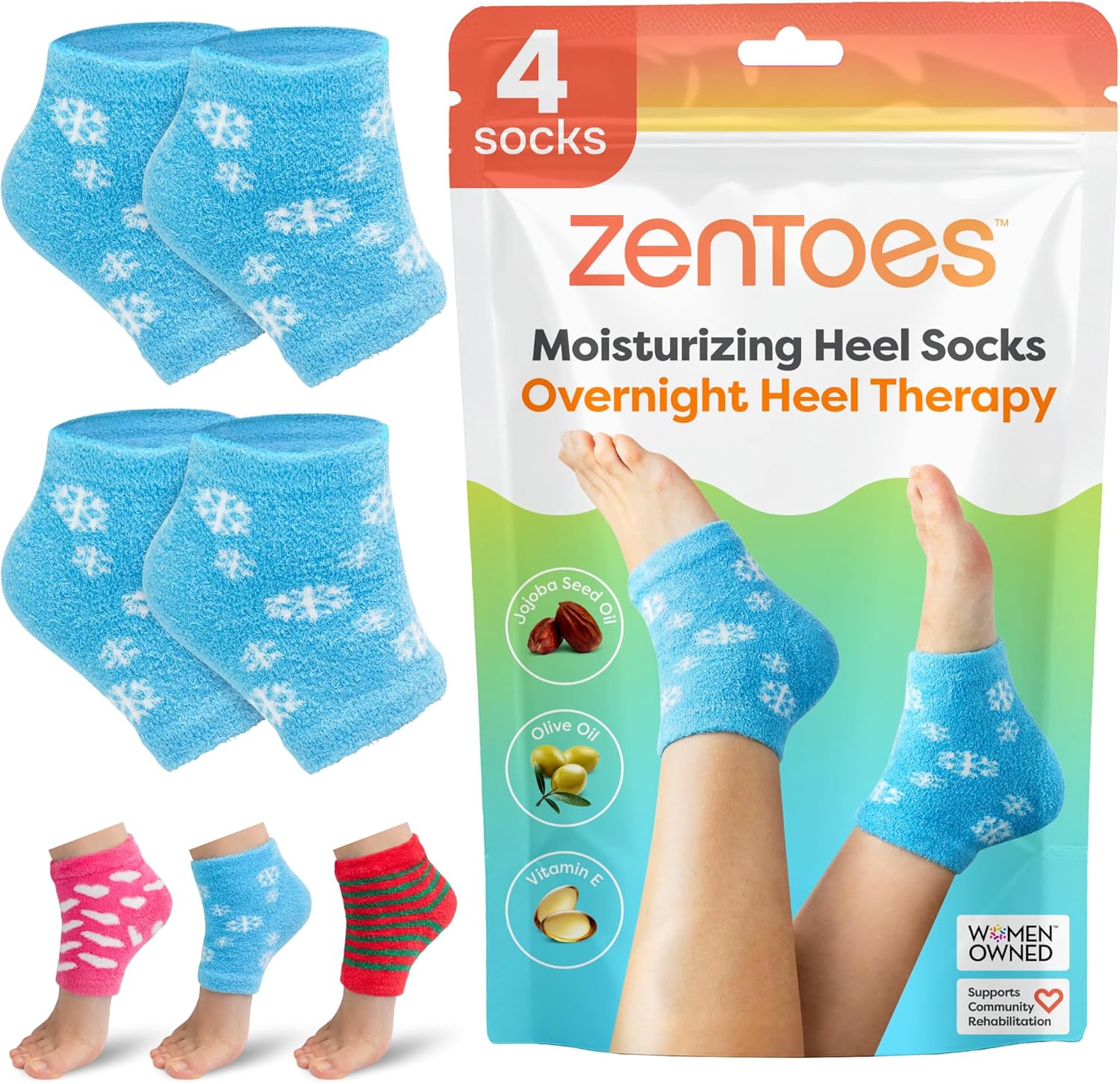 ZenToes Moisturizing Sleep Socks with Vitamin E, Olive Oil and Jojoba Seed Oil to Soften and Hydrate Dry Cracked Heels (Snowflakes, Regular)